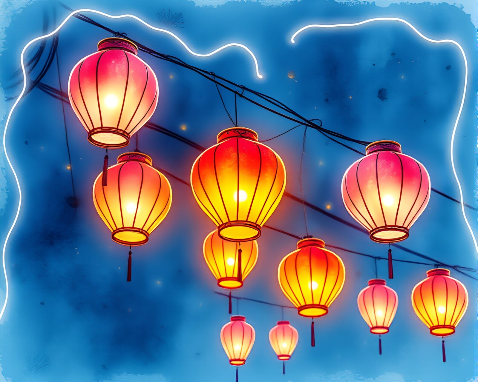 Ethereal floating lanterns outlined in neon wireframe on black