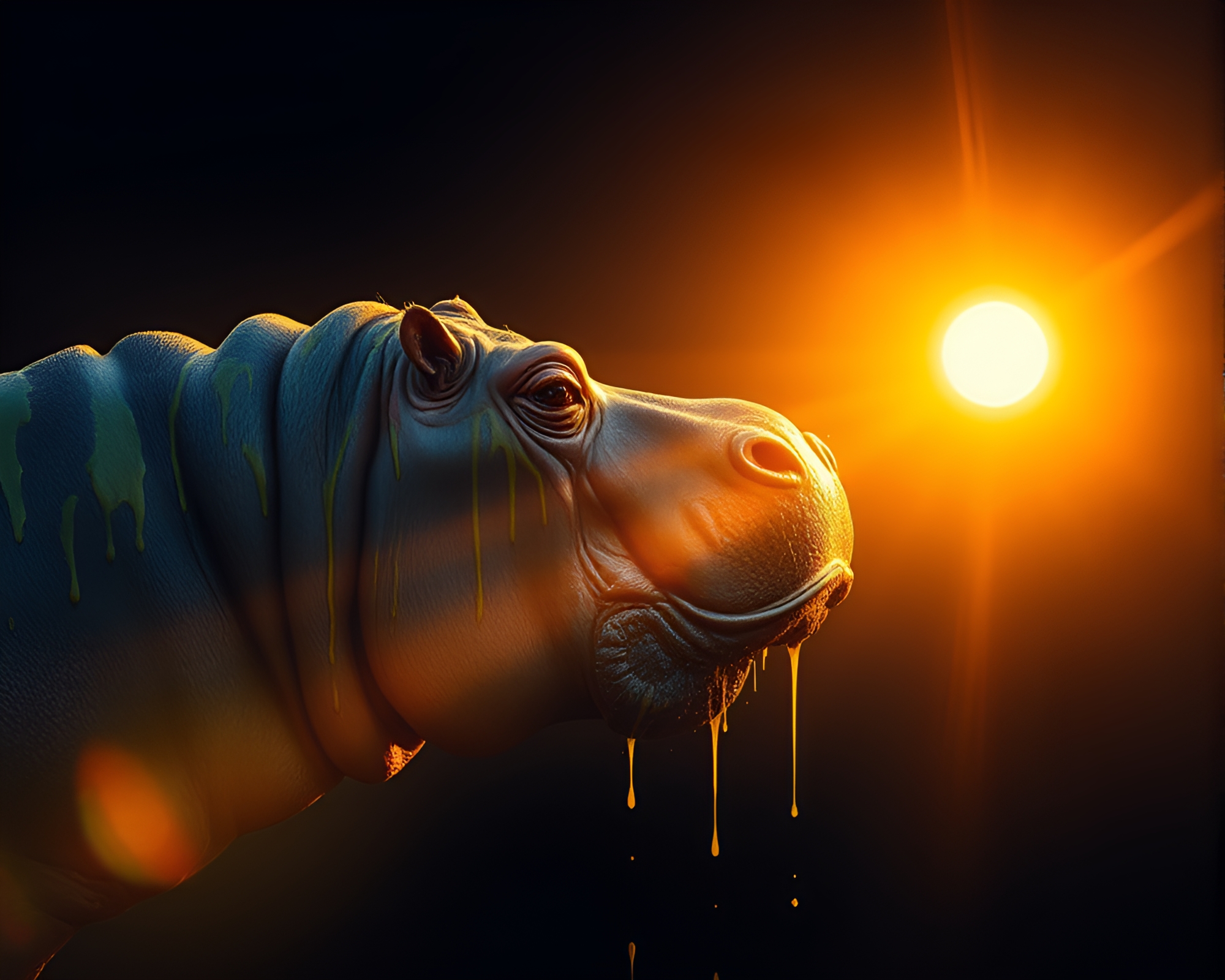 Hippopotamus Bliss: Golden Hour Paint Drips – free AI stock image