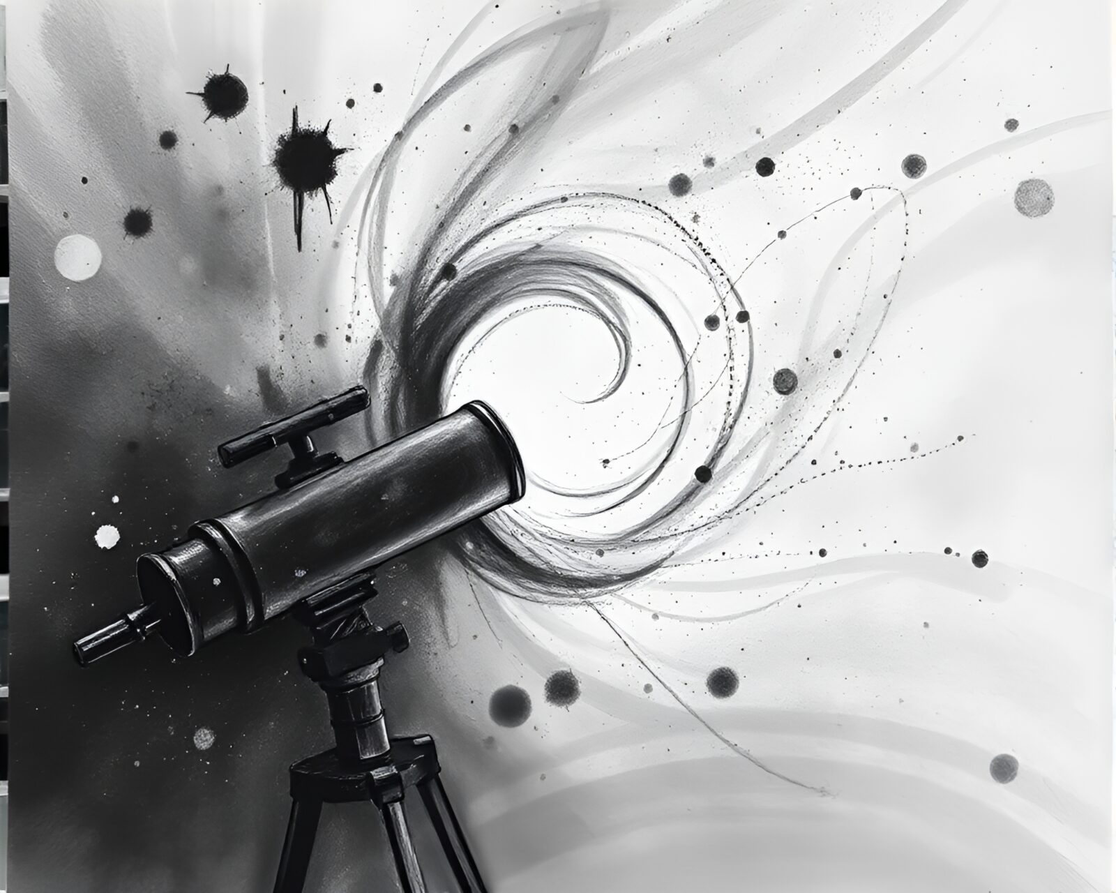 Charcoal sketch of swirling cosmic dust viewed through telescope