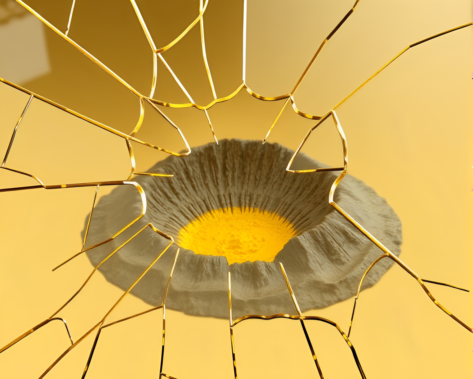 Mustard Crater Reflections: Broken Glass Volcano Scene – free AI stock image