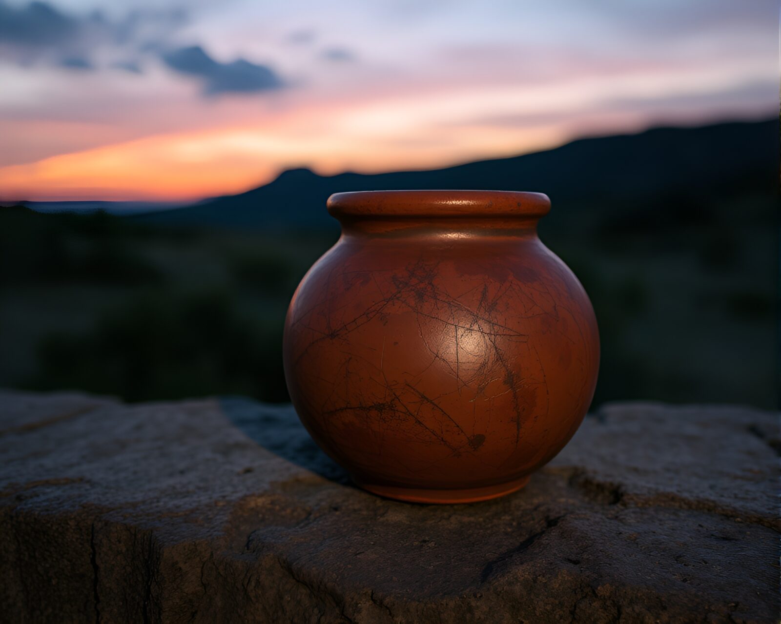Earthenware with metallic accents under dusky sky