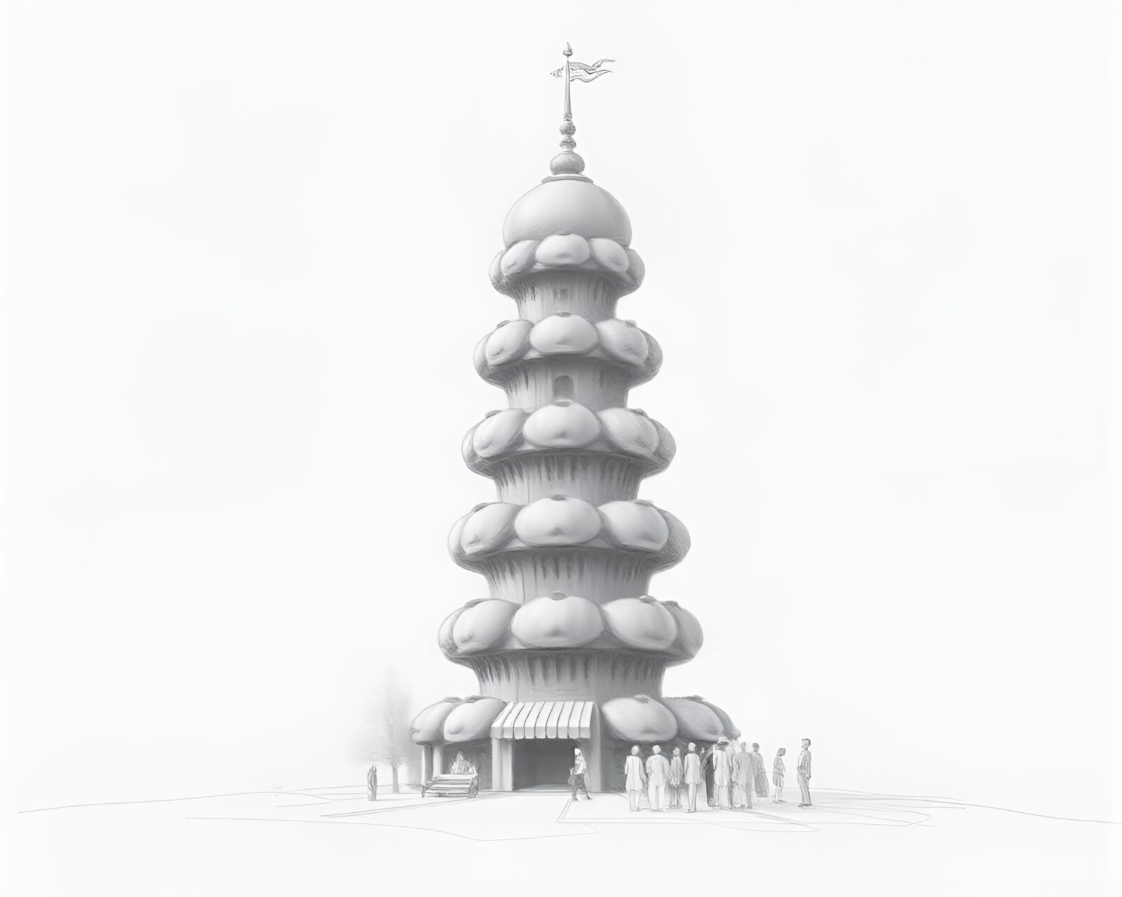 Wide-angle view of cupcake tower with smoky haze in a pencil sketch drawing
