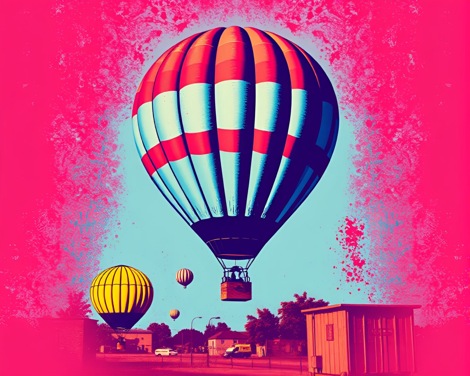 Vibrant hot air balloon in urban setting with graffiti