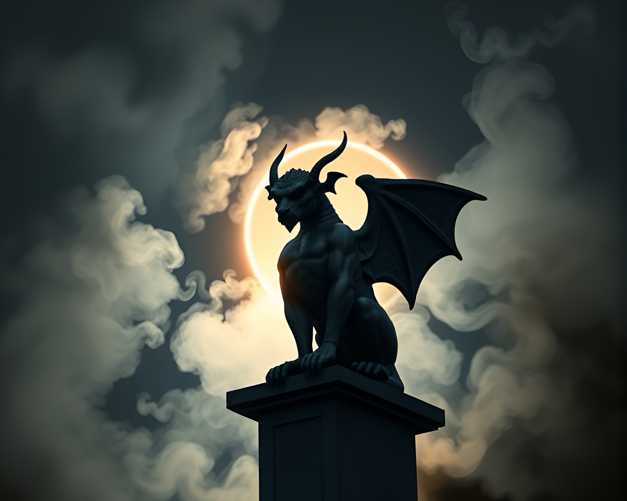Gargoyle Statue in Eclipse Smoke Ring Shadows – free AI stock image
