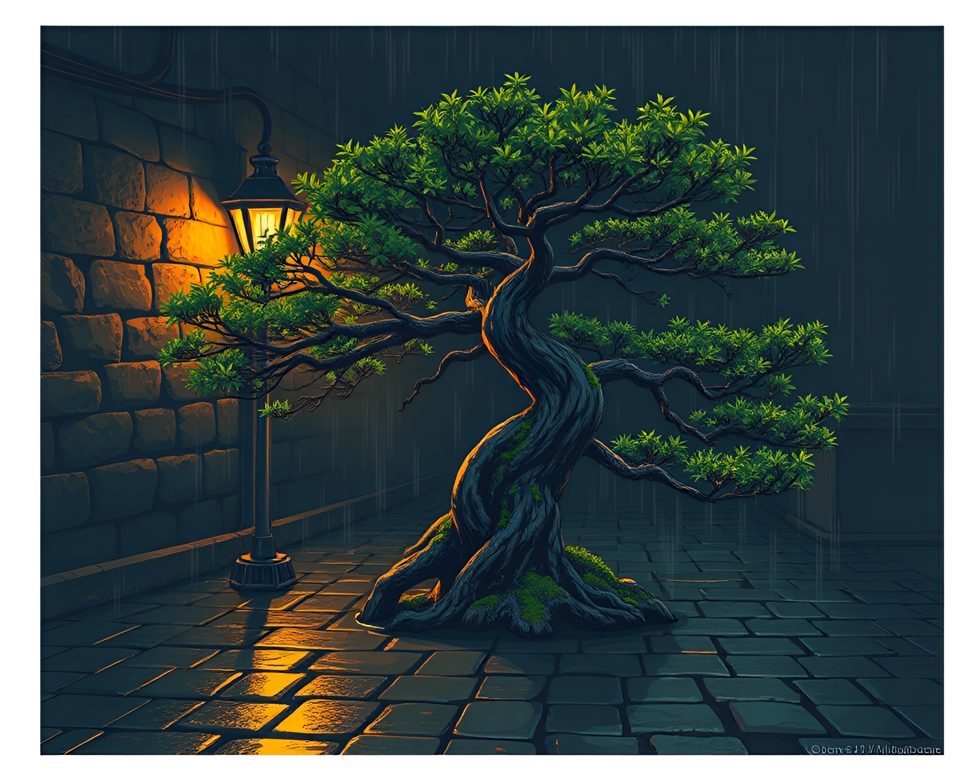Mysterious Bonsai Tree in Dungeon Torchlight – free AI stock image