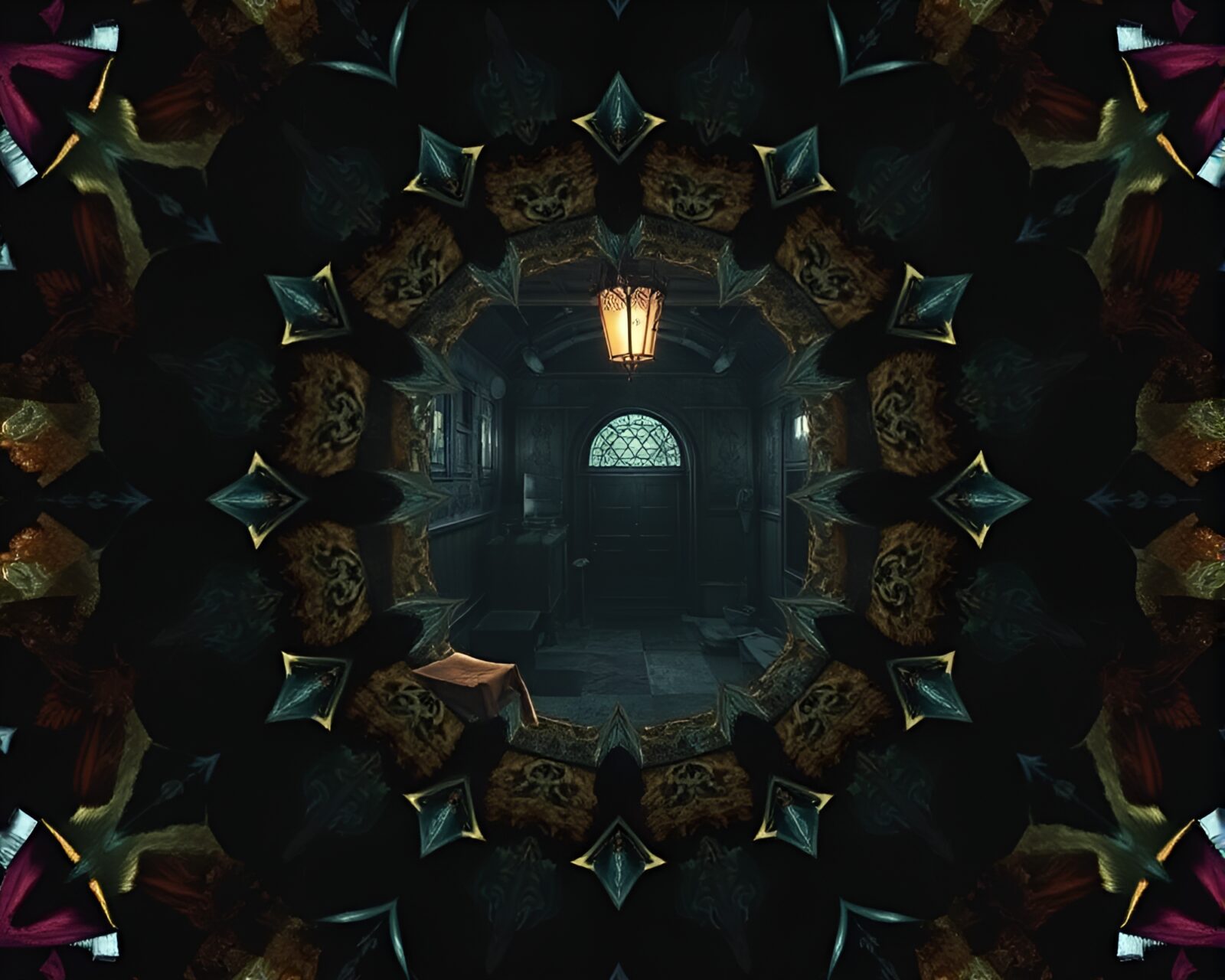Eerie collage of kaleidoscope fragments in dimly lit basement