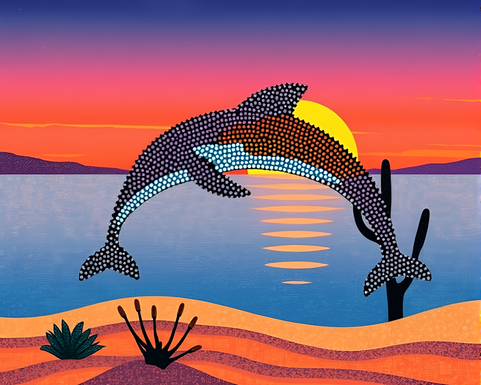 Dadaist Dolphin Dot Matrix in Desert Sunset – free AI stock image