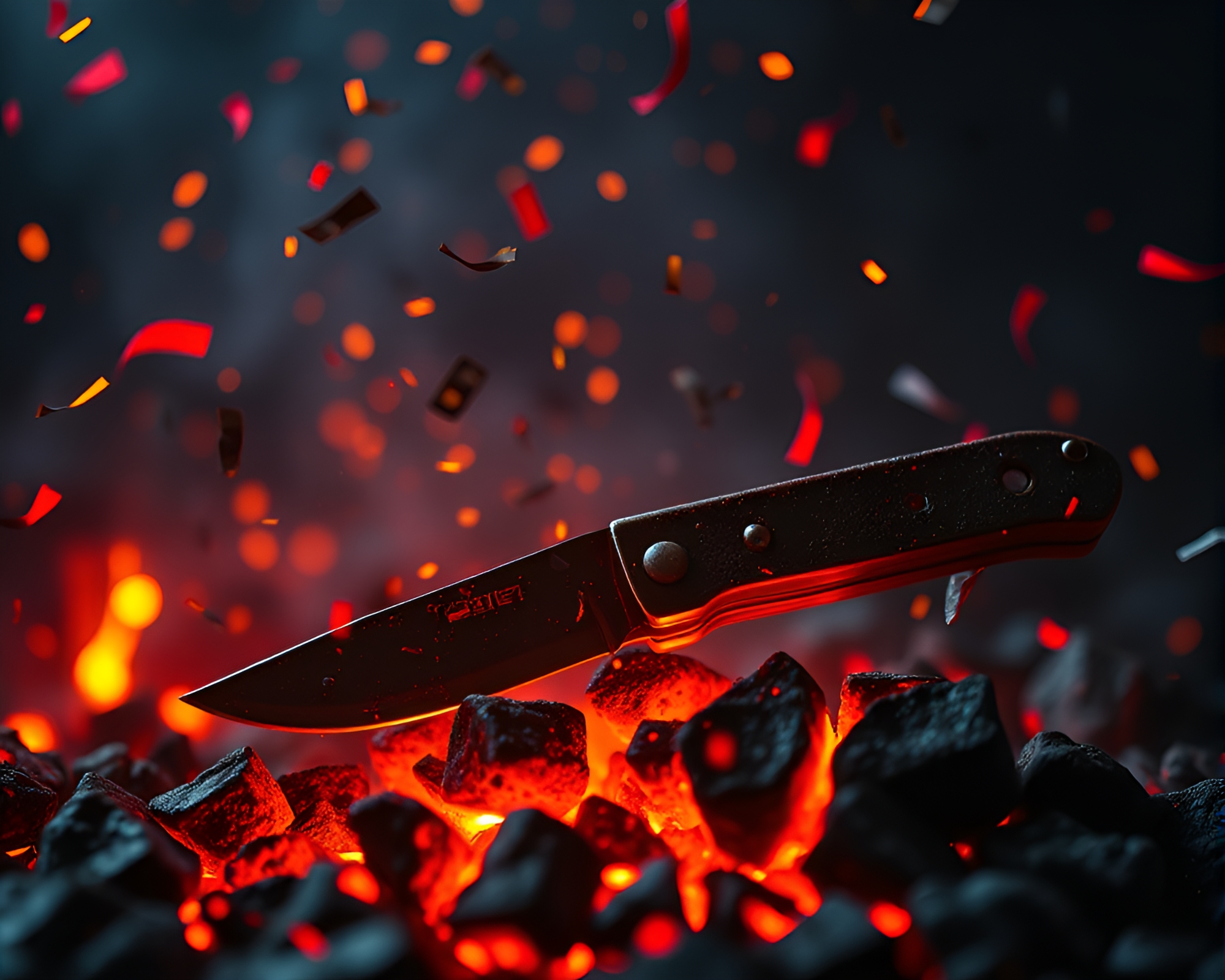 Neon Pocketknife Floating in Confetti Embers – free AI stock image