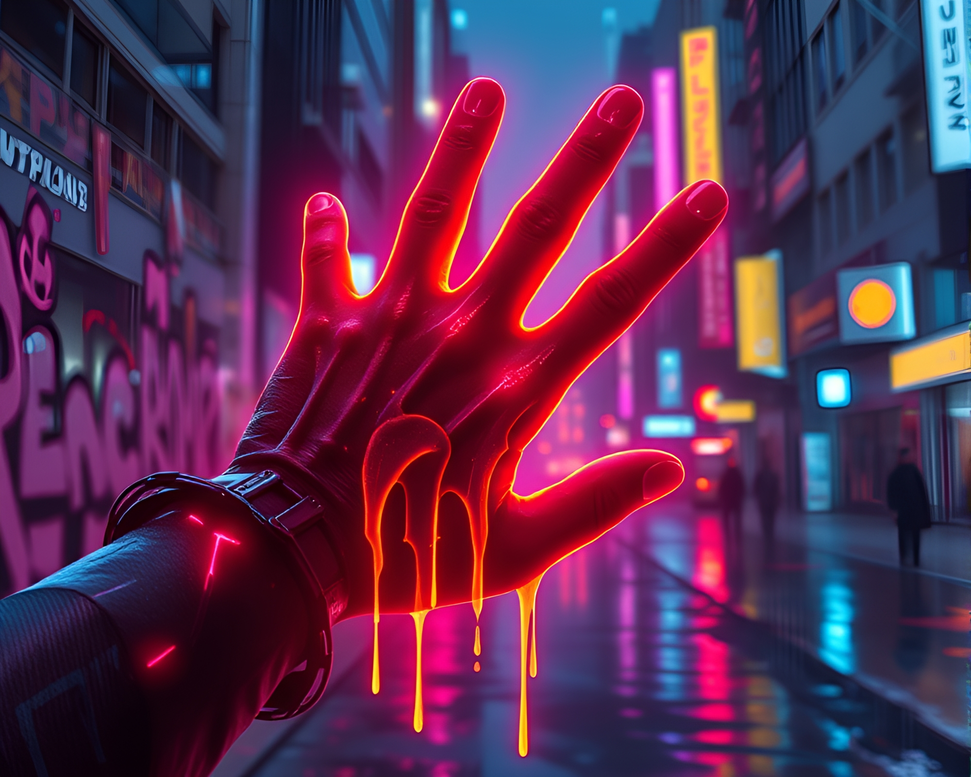 Neon Cybernetic Hand in Graffiti Drips Composition – free AI stock image