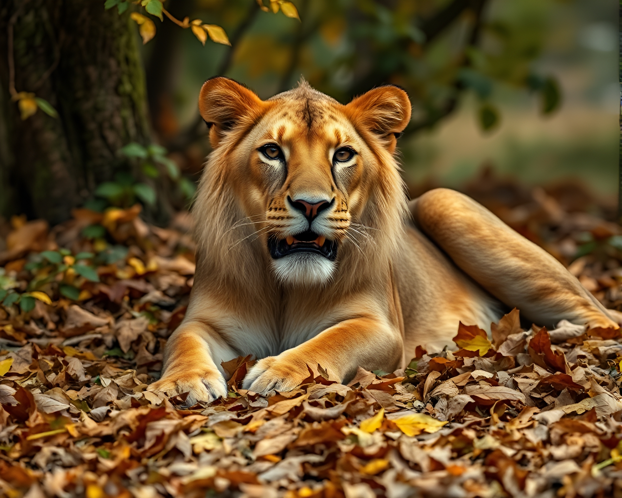 Lion amidst vibrant leaf litter under telephoto lens – free AI stock image