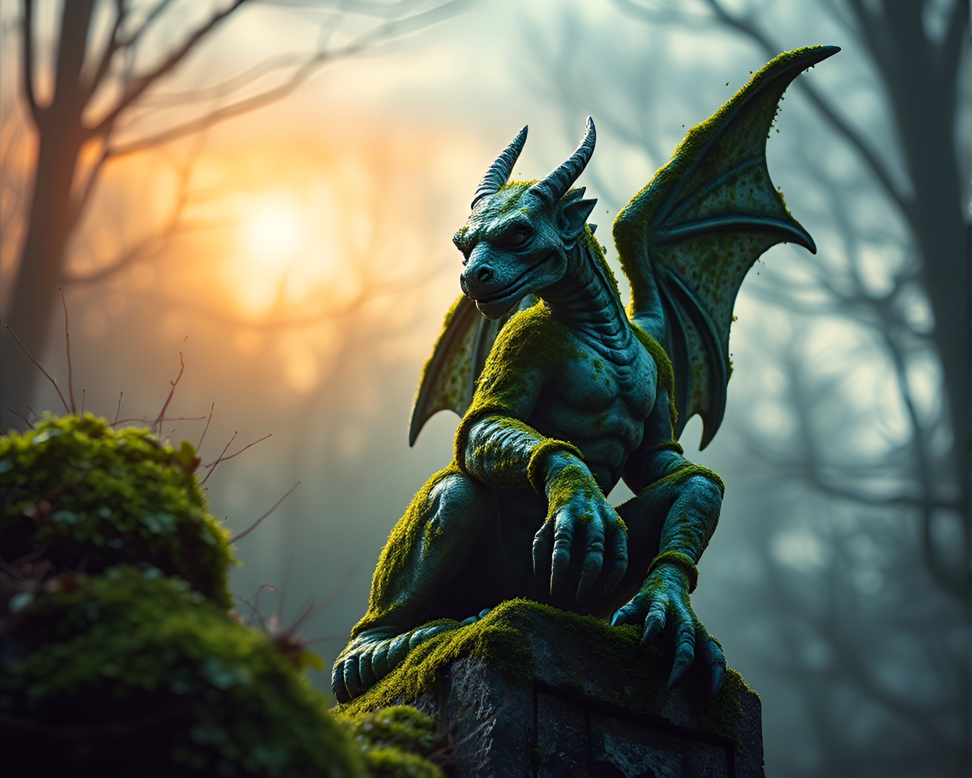 Moss-Covered Gargoyle Statue at Dawn – free AI stock image