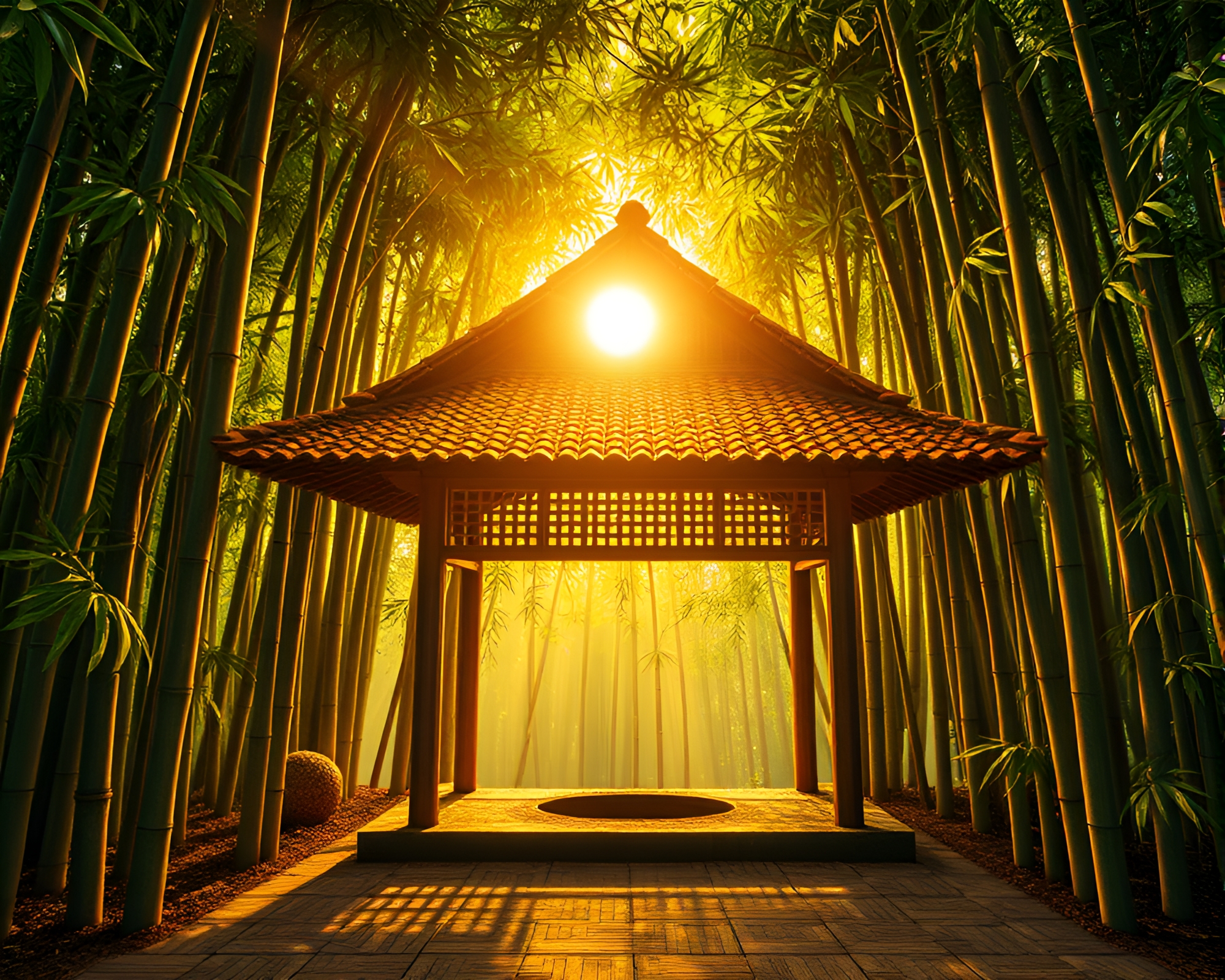 Bamboo Hut Illuminated by Solar Flare Veins – free AI stock image