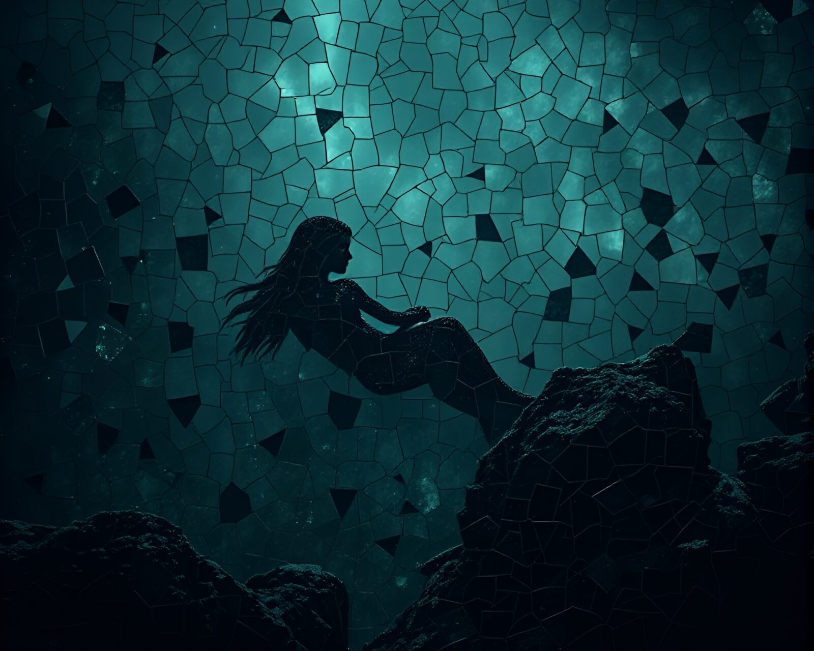 Mosaic fragments depicting a melancholic mermaid in desaturated tones