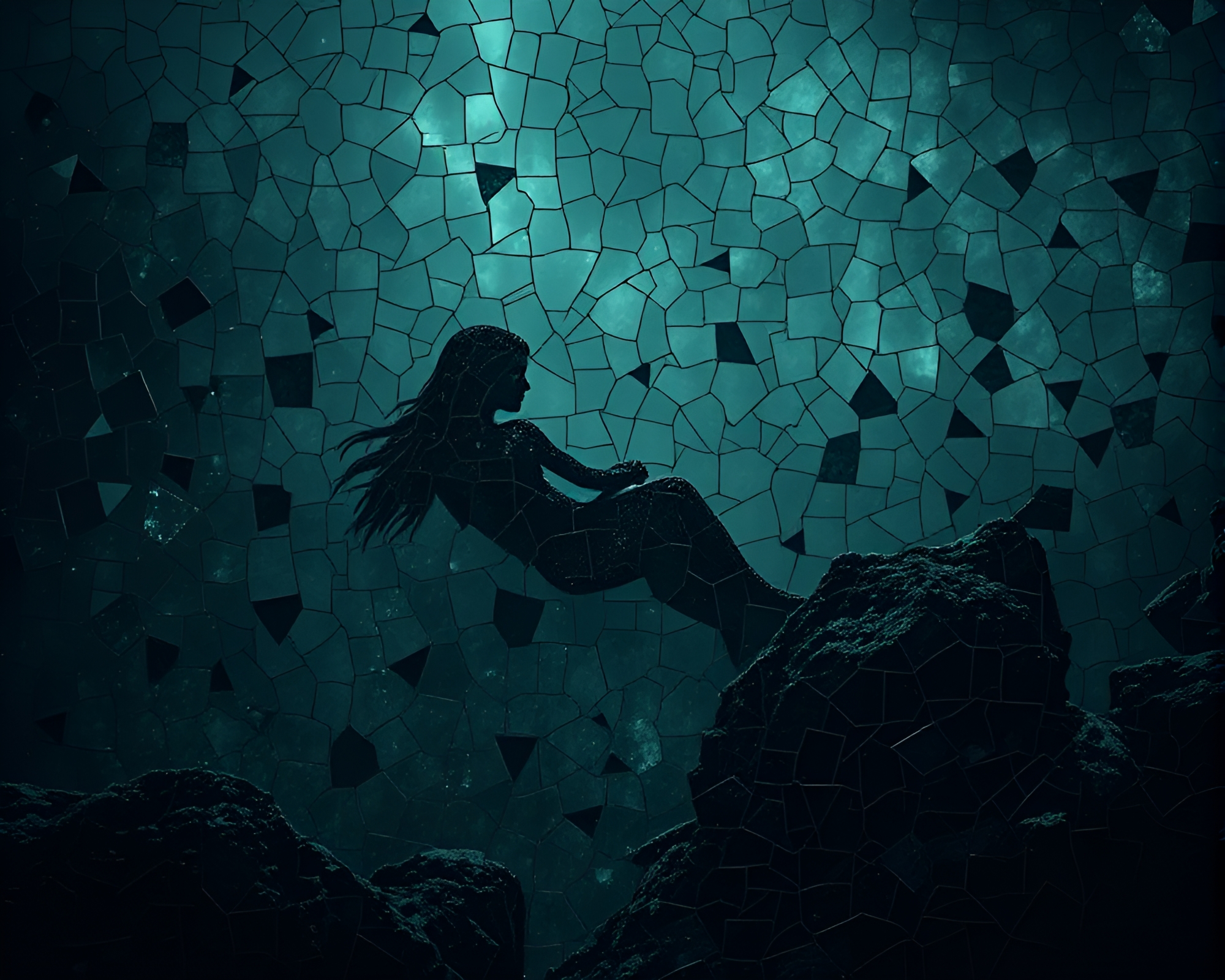 Mermaid Mosaic in Desaturated Gloom Art – free AI stock image
