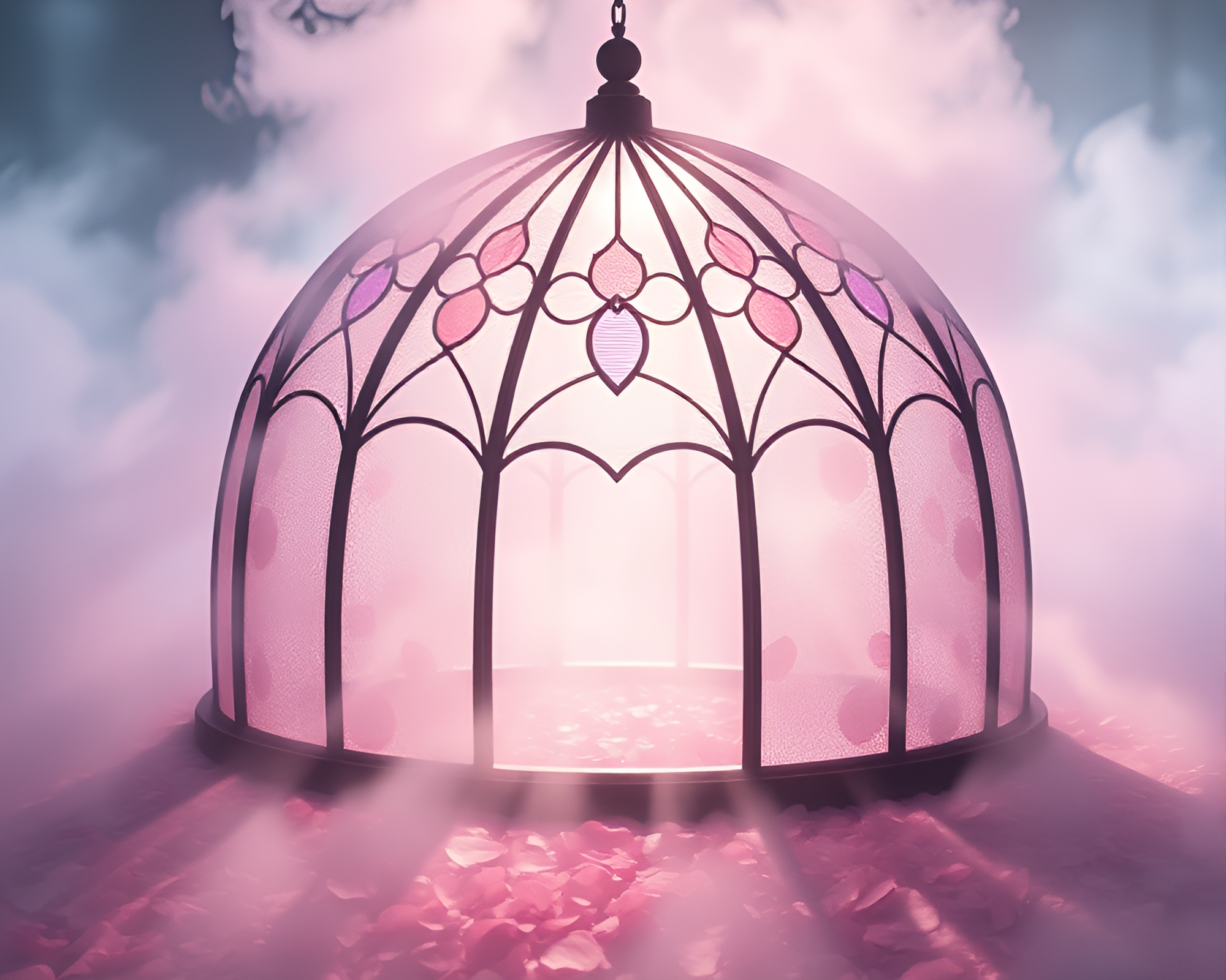 Utopian Stained Glass Dome with Misty Petals – free AI stock image