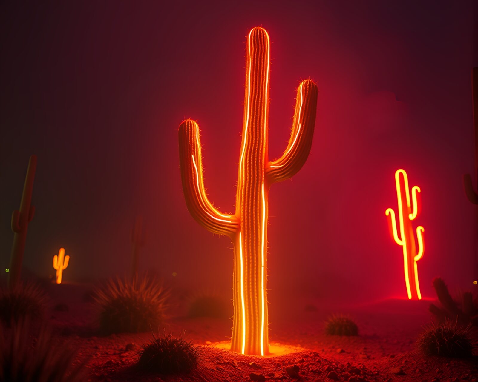Glowing neon cactus in surreal desert sorcery setting