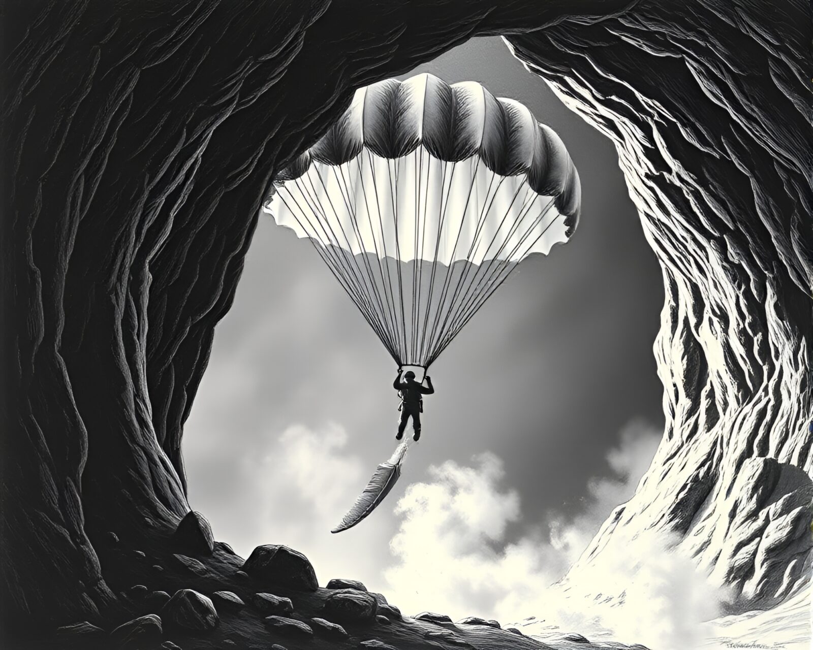Detailed engraving of a parachutist entering a dark cave