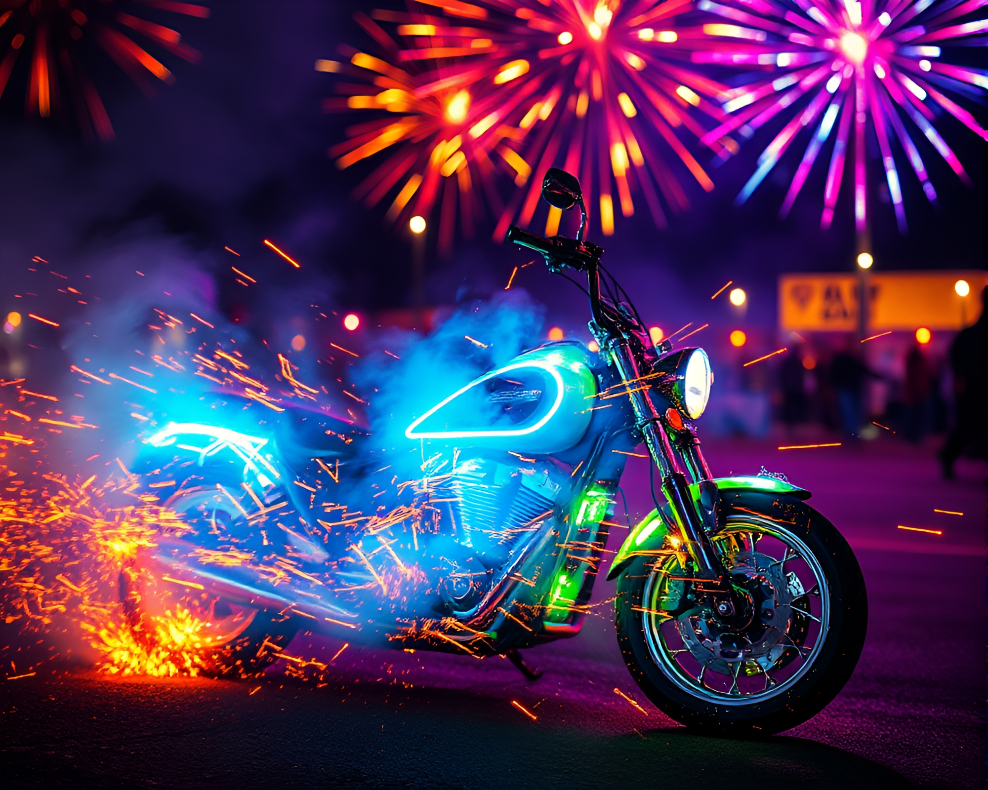 Vibrant Neon Motorcycle Racing Through Fireworks Festival – free AI stock image