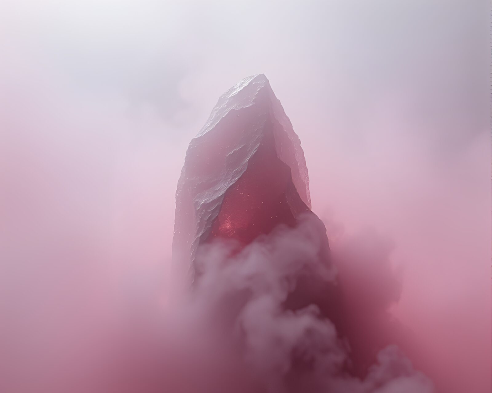 Vapor steam surrounds floating crystal in a surreal scene