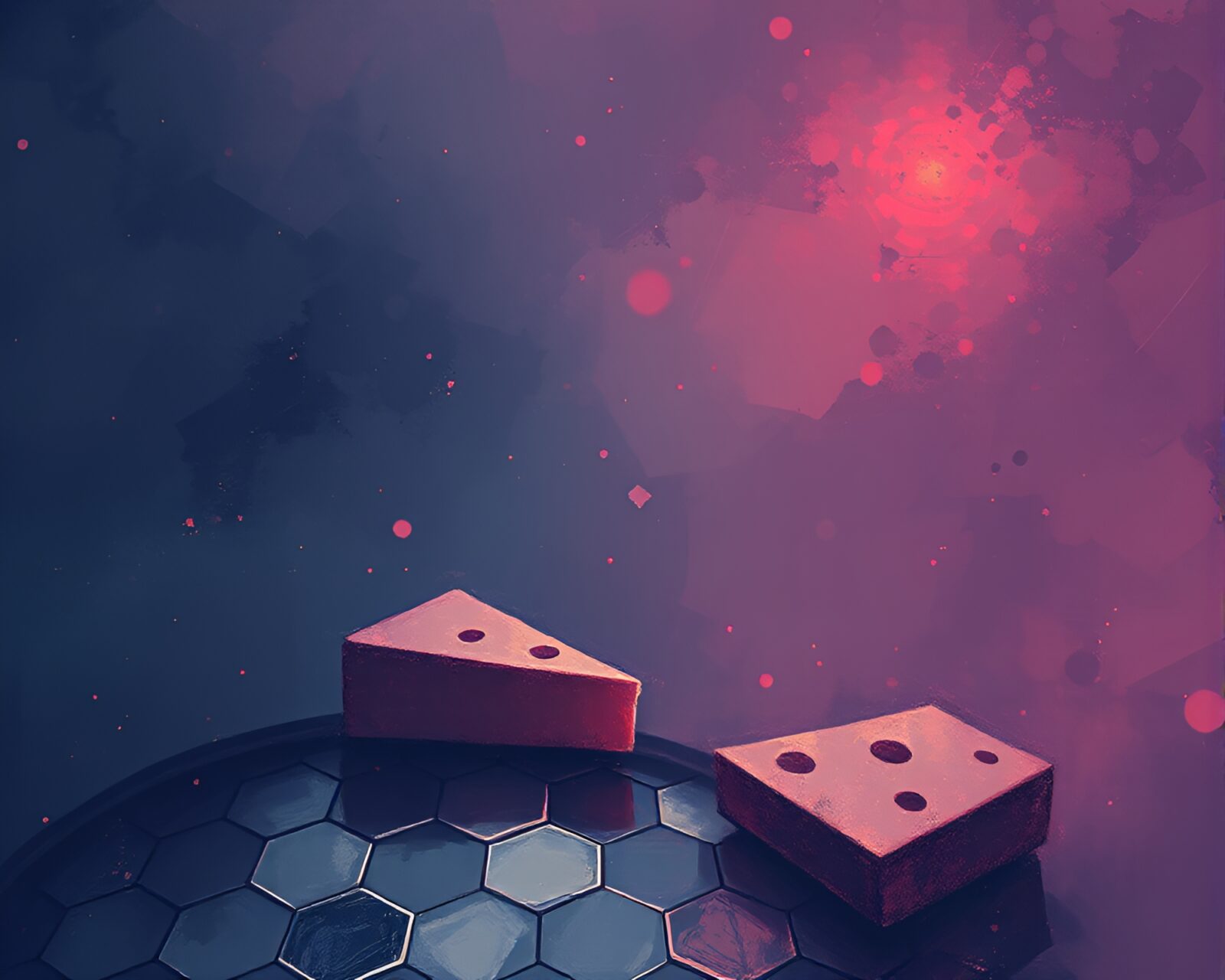 Vibrant hexagonal cheese platter with digital twilight hues