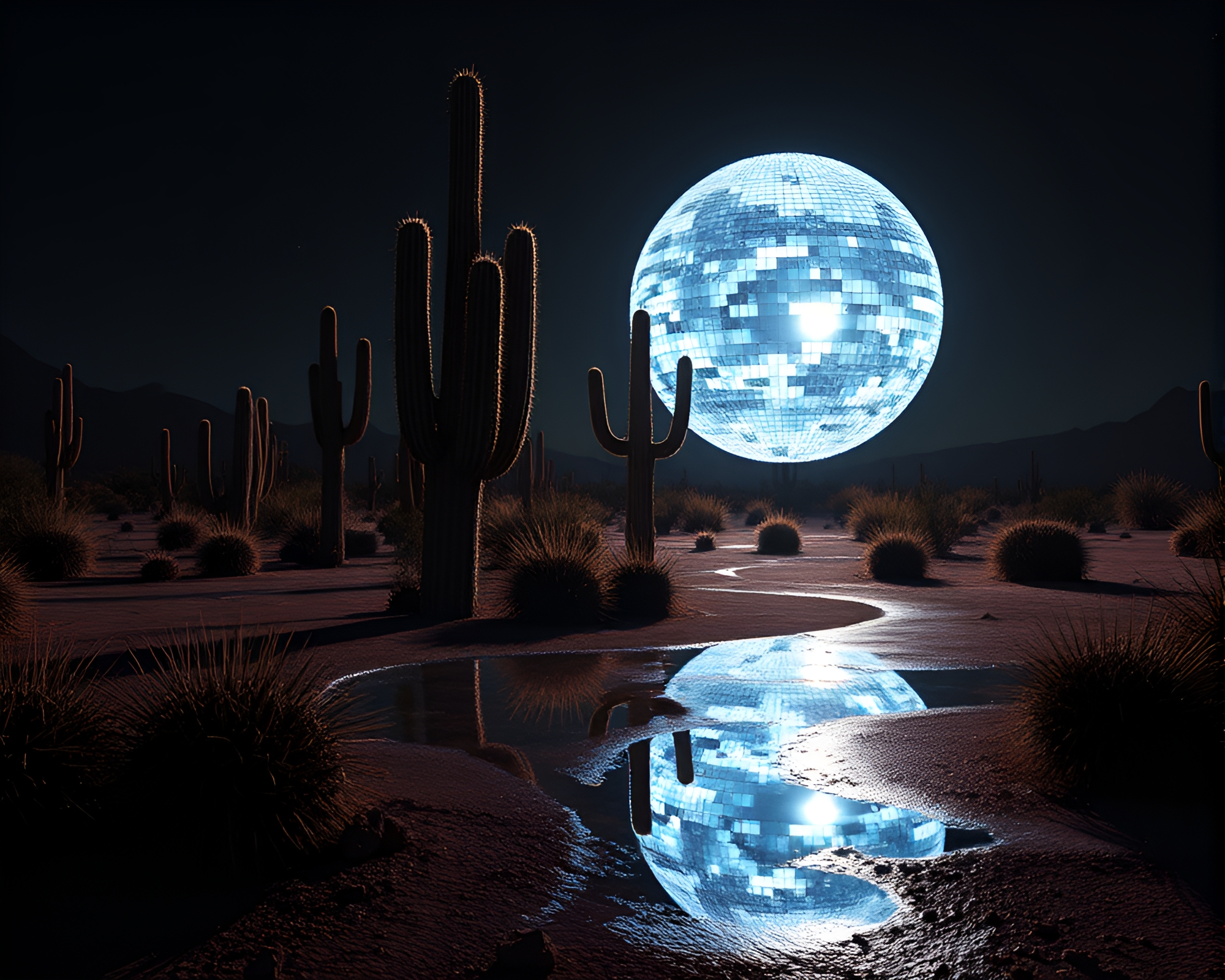 Mesmerizing Double Cactus Reflection with Disco Ball Glow – free AI stock image