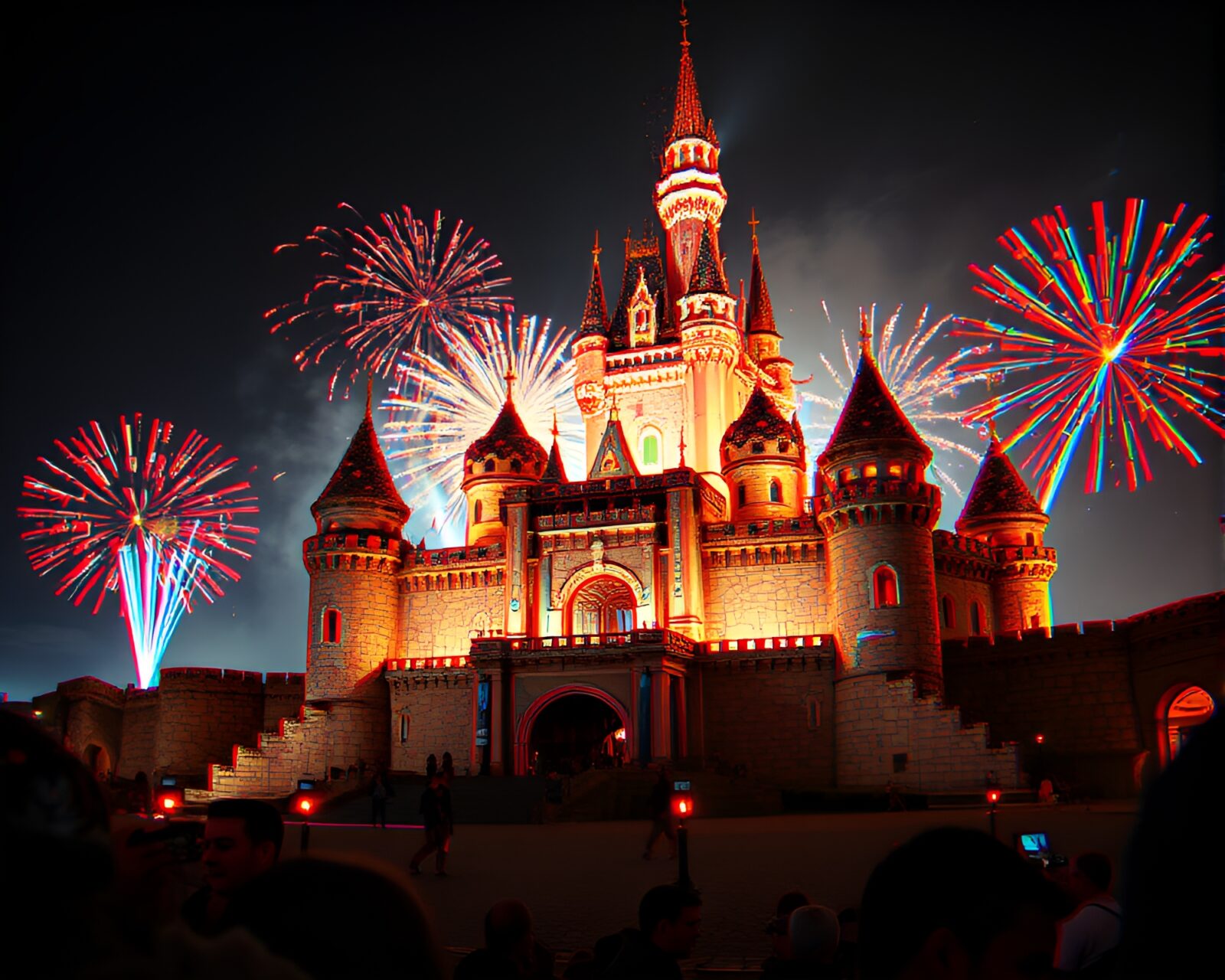 Anaglyph 3D image of a castle ruins under colorful fireworks