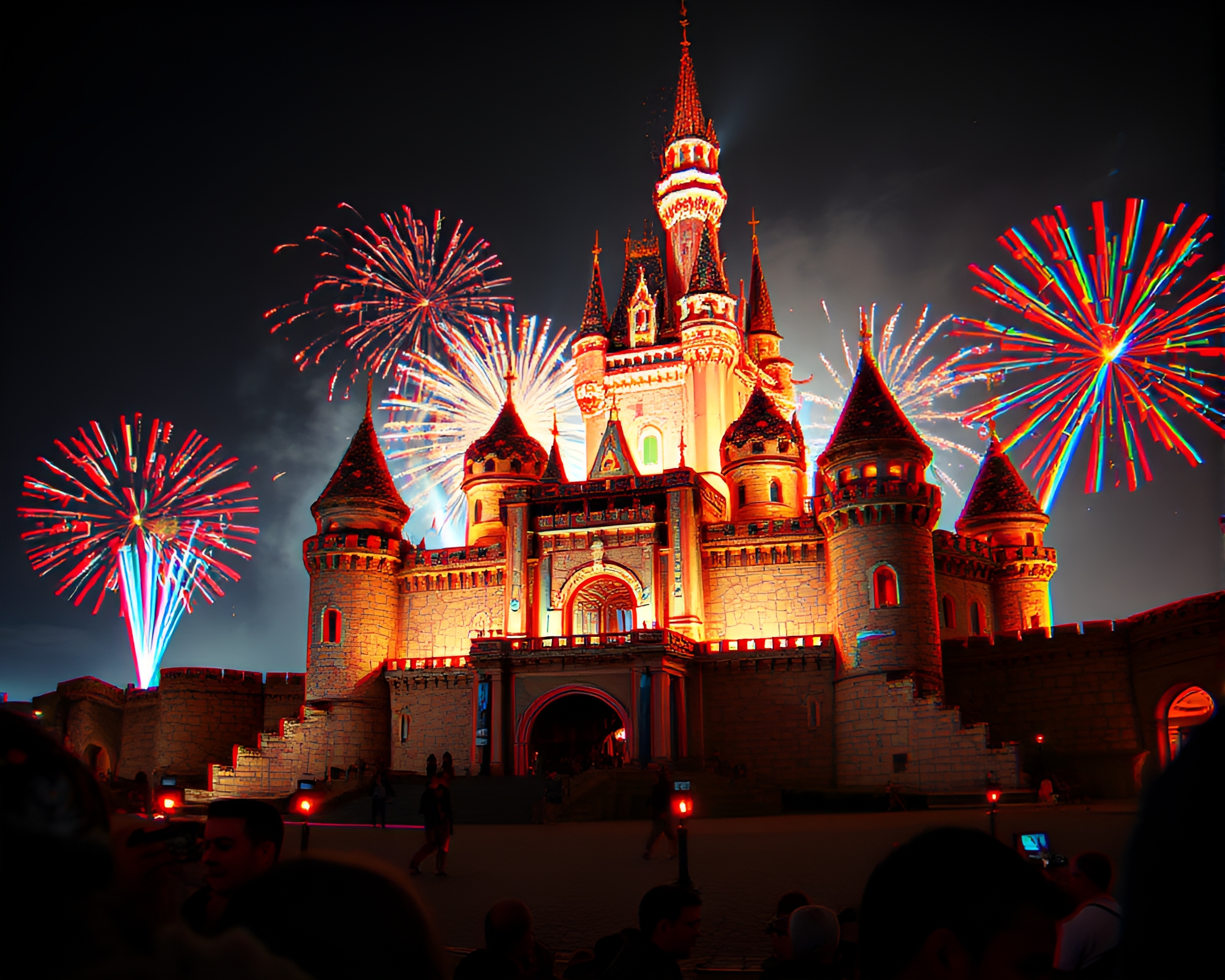 Deserted Castle in Festival Fireworks Glow 3D Art – free AI stock image