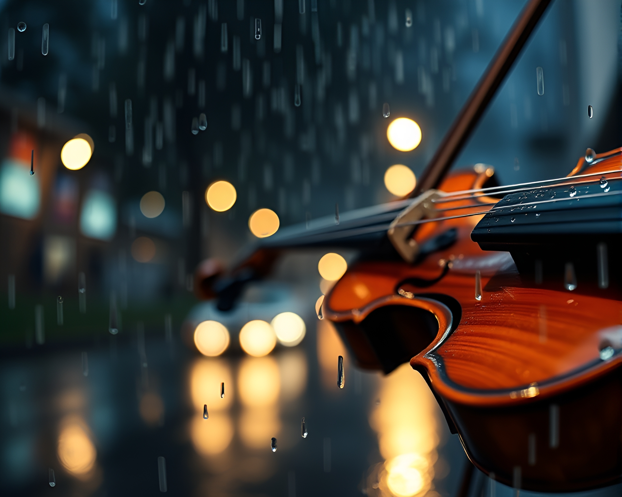 Retro Rain-Drop Melody: Wooden Violin Illuminated – free AI stock image