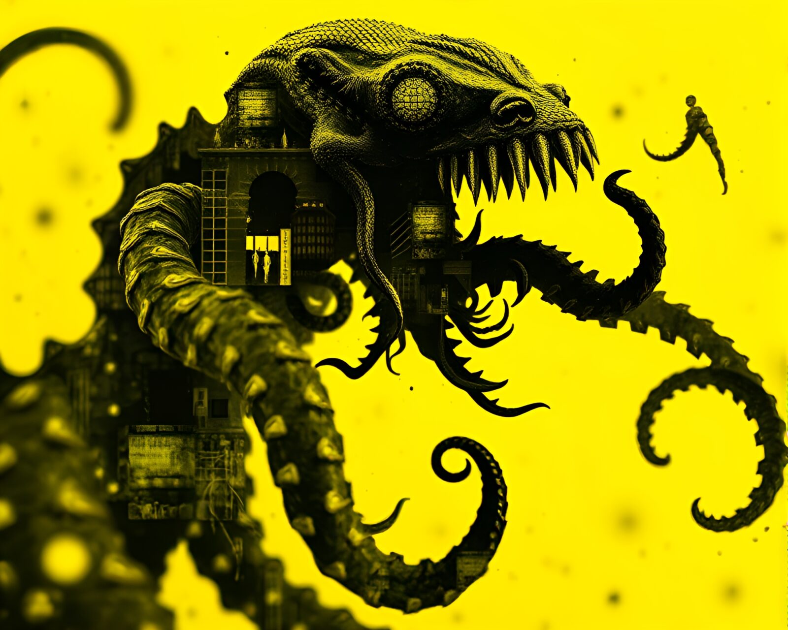 Soft focused yellow dadaist collage featuring a spectral kraken.