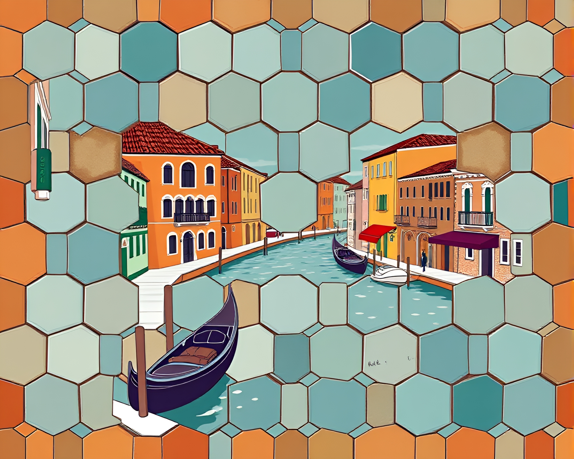 Venetian Canal Hexagonal Tiling Cartoon Scene – free AI stock image