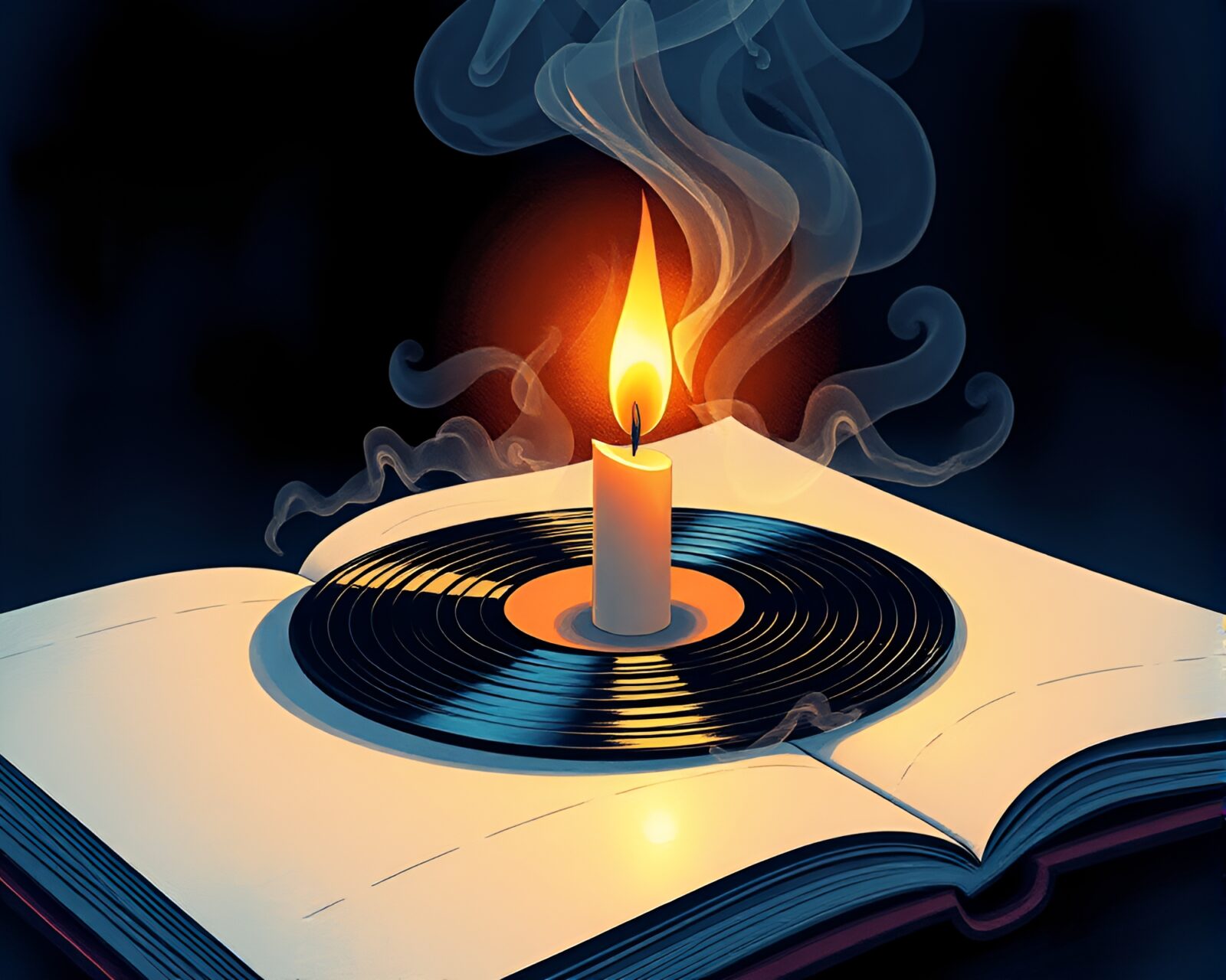 Surreal children's book illustration of swirling candle smoke on record