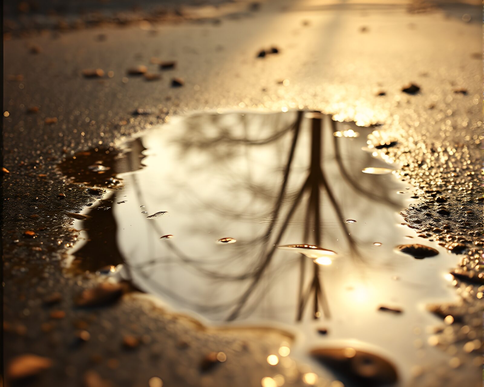 Camera capturing a bronze-hued puddle reflection in natural light