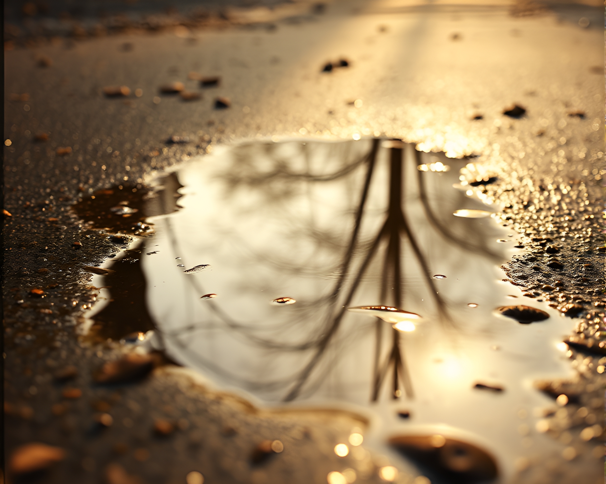 Glistening Bronze Puddle Reflection with Camera Focus – free AI stock image