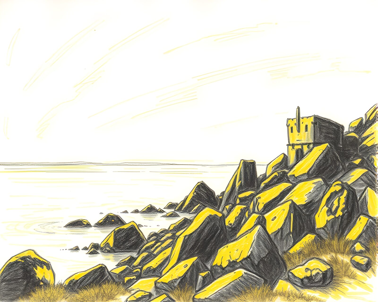 Monochrome yellow conté crayon drawing of a rocky coastline