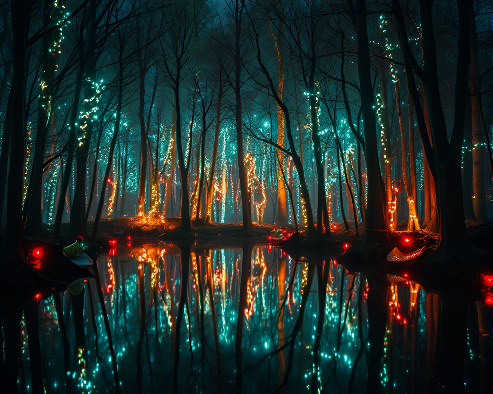 Bioluminescent Forest Reflection: Hyper-Realistic Nighttime Beauty – free AI stock image