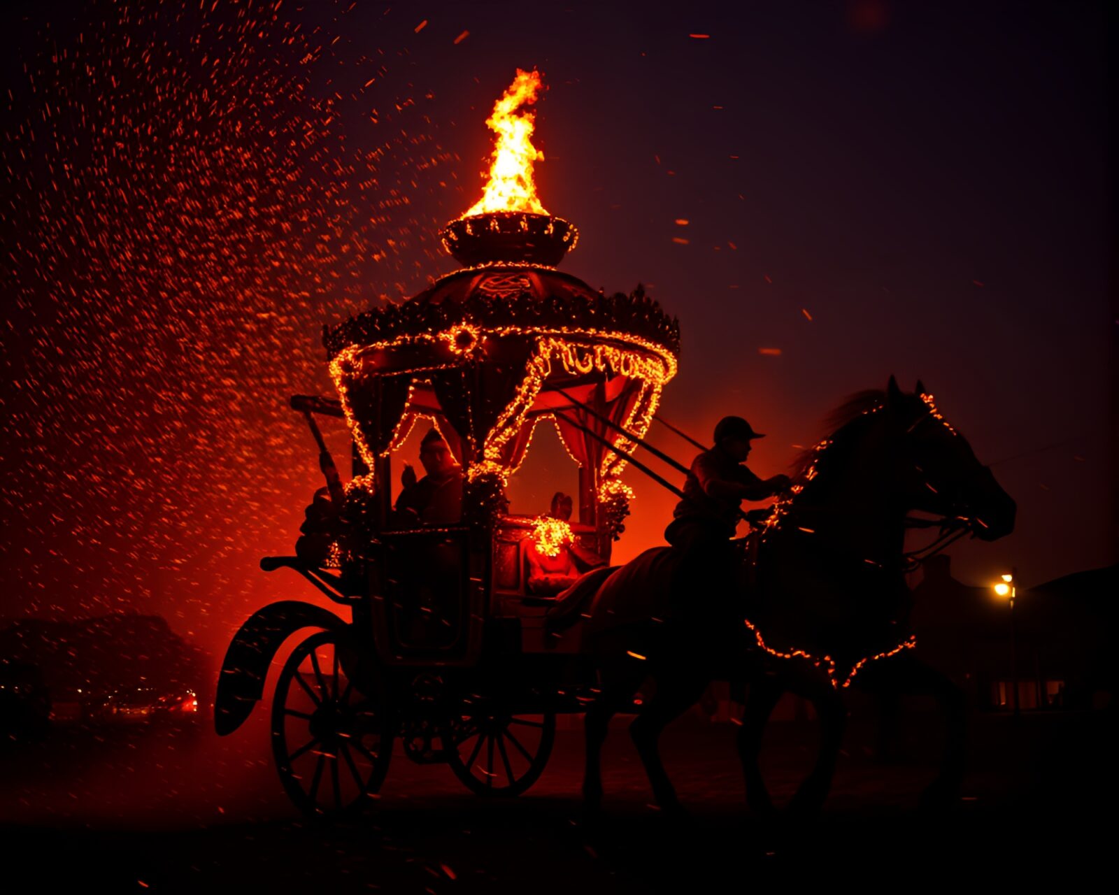 Detailed pointillism depiction of chariot wheel in firelight