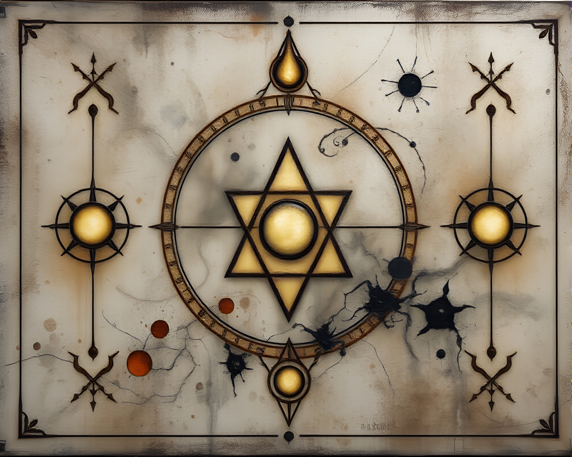 Alchemical Symbols Reflected in Wet Pavement Grisaille – free AI stock image