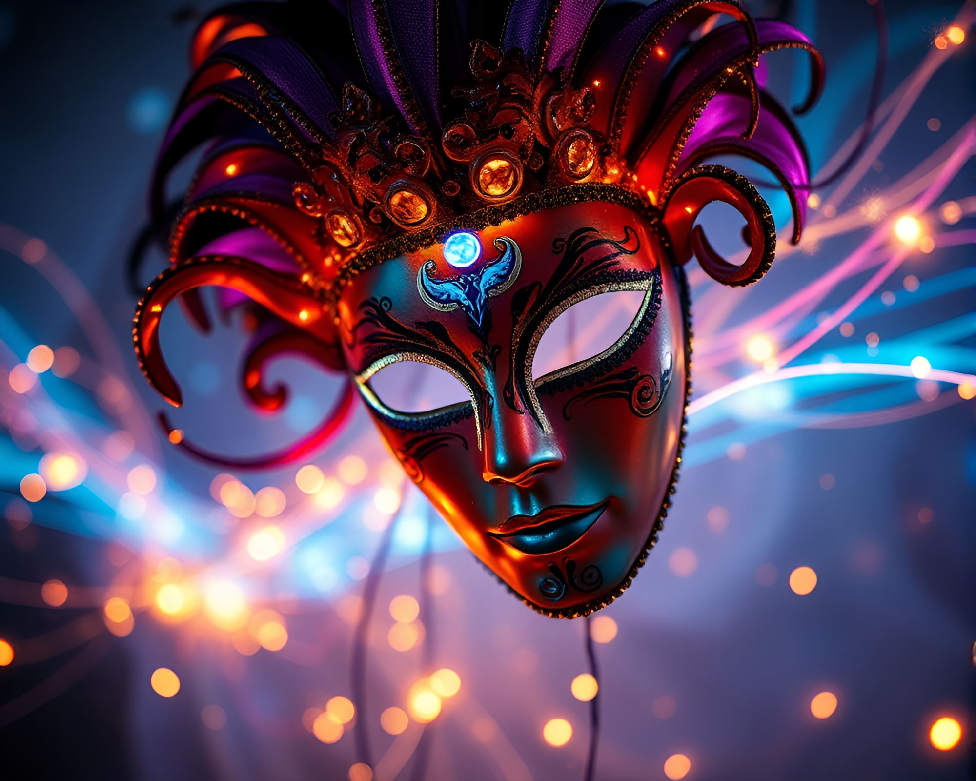 Utopian Venetian Mask Glowing with Cosmic Light Trails – free AI stock image