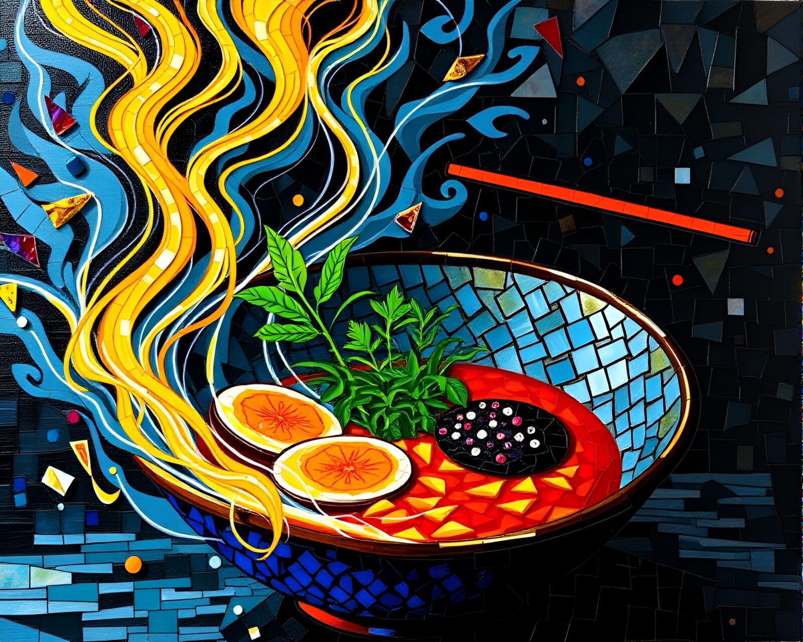 Abstract action-painting style ramen bowl with mosaic lighting