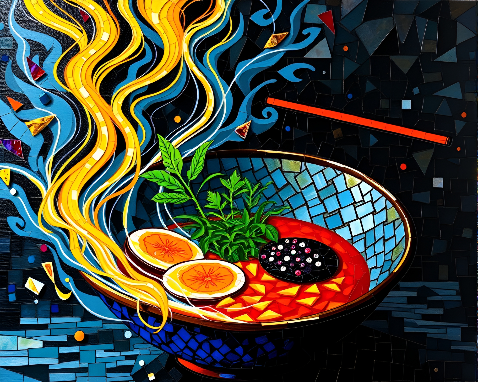 Ramen Bowl Geometric Mosaic Spectacle – free AI stock image