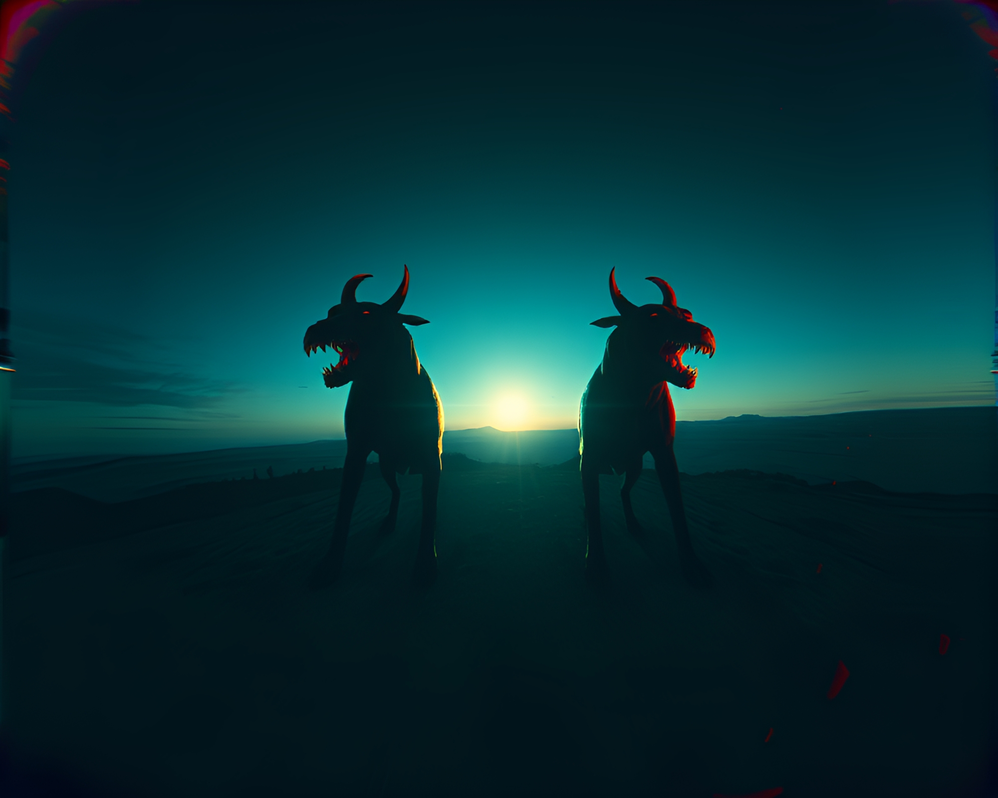 Cerberus Under Glitching Sky: Wide-Angle Fantasy View – free AI stock image
