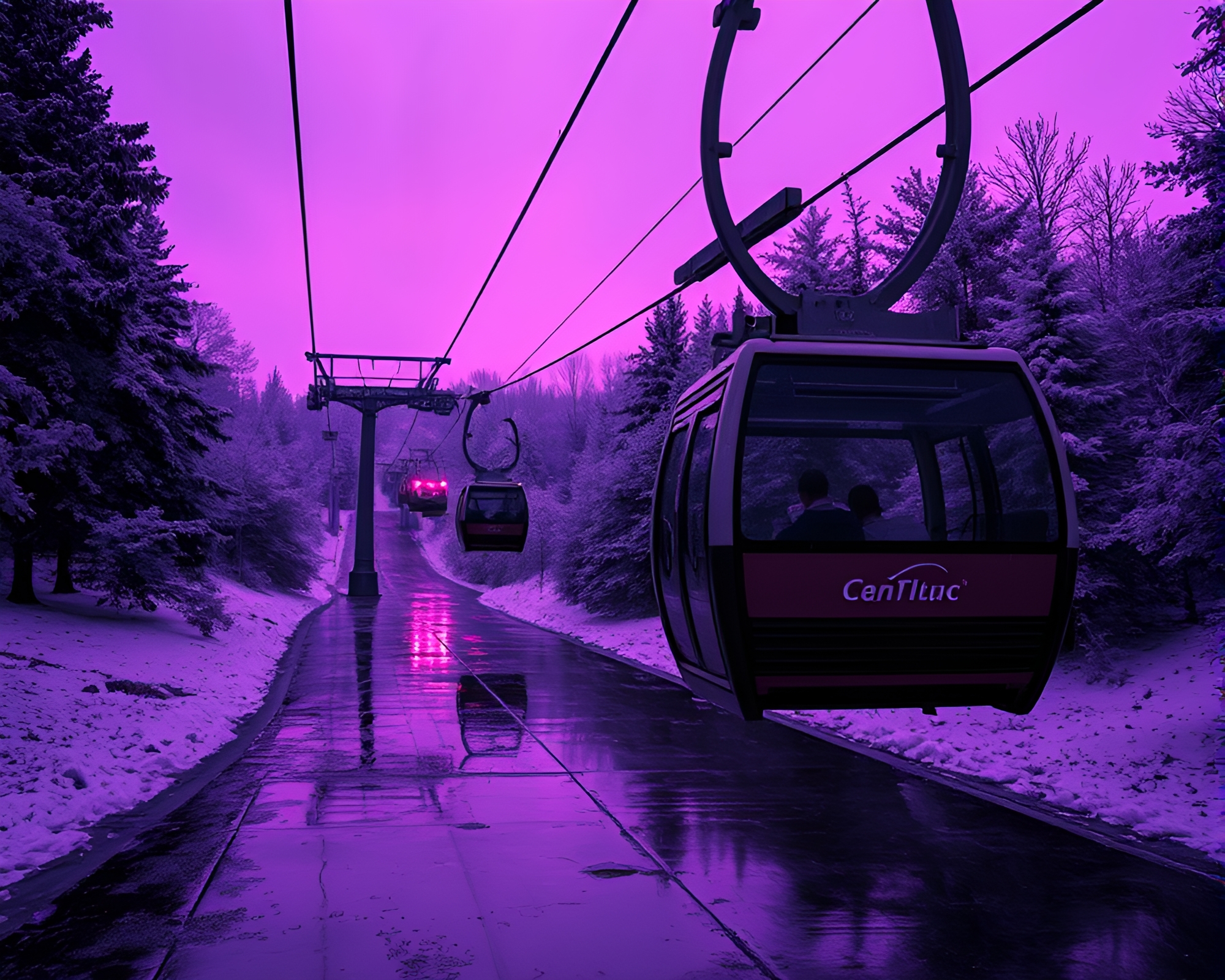Twilight Gondola Lift on Wet Infrared Pavement – free AI stock image