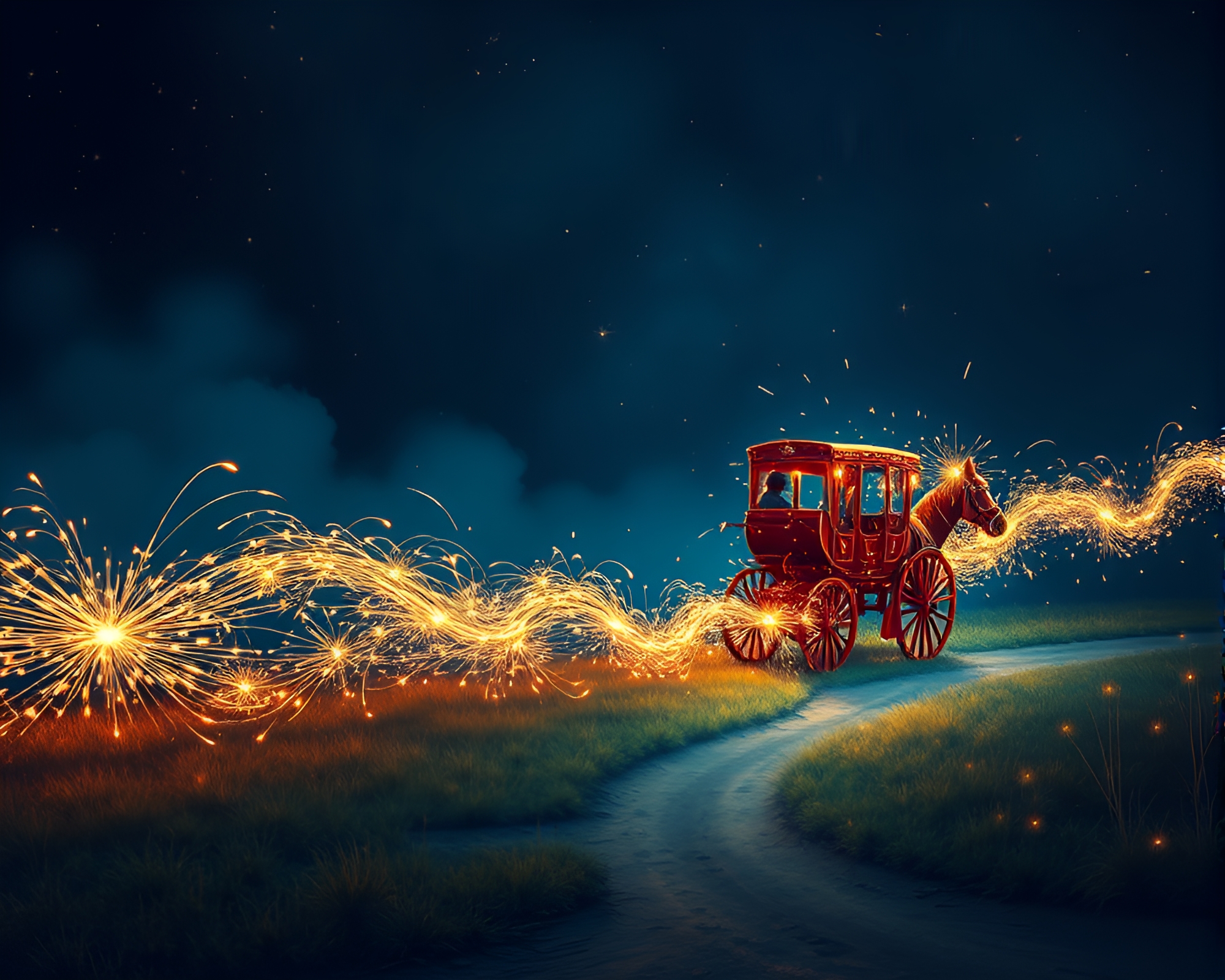 Fiery Stagecoach Ride: Sparkler Trail Burst – free AI stock image