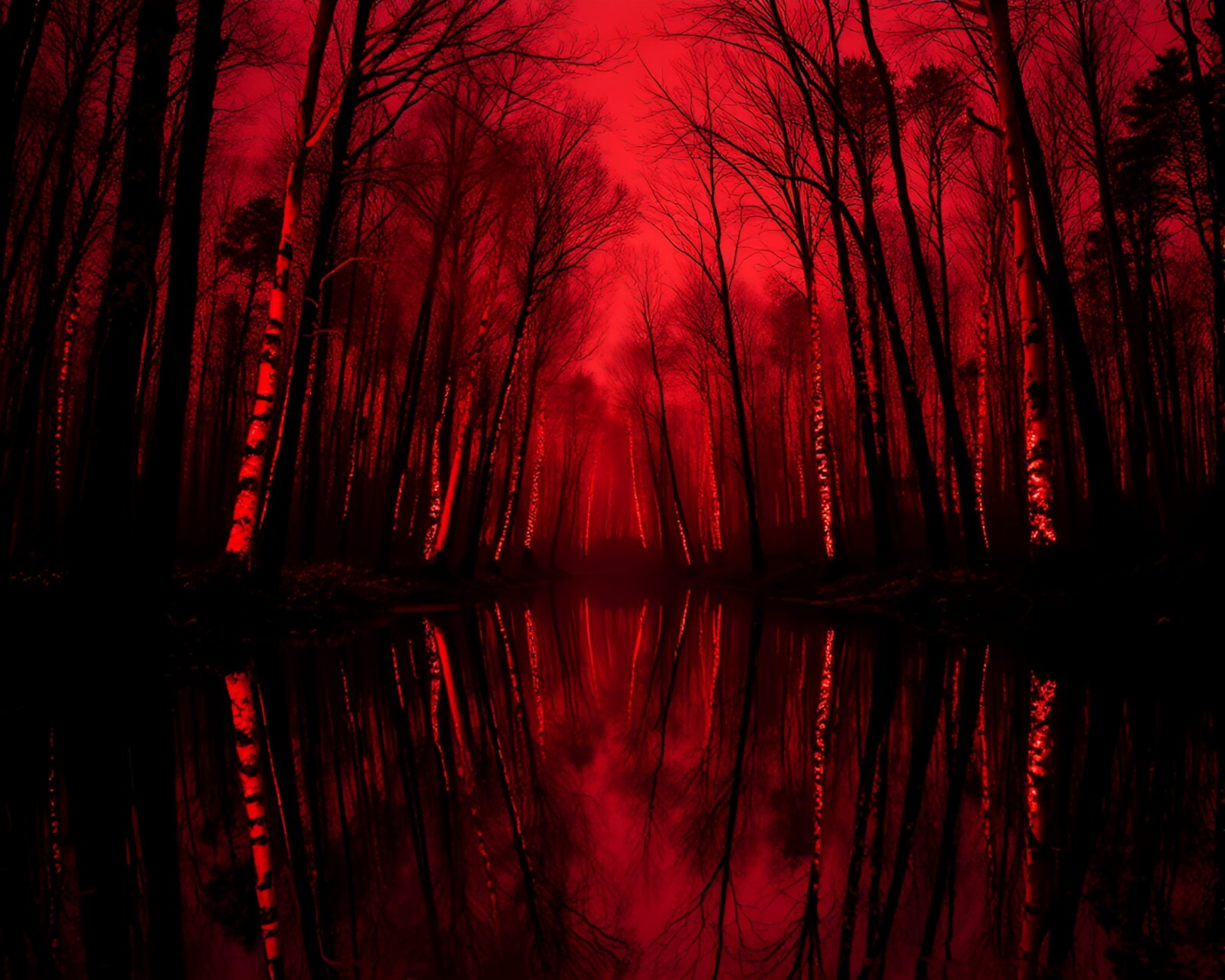 A striking pop art rendition of a glowing red bioluminescent forest reflected on a smooth surface.