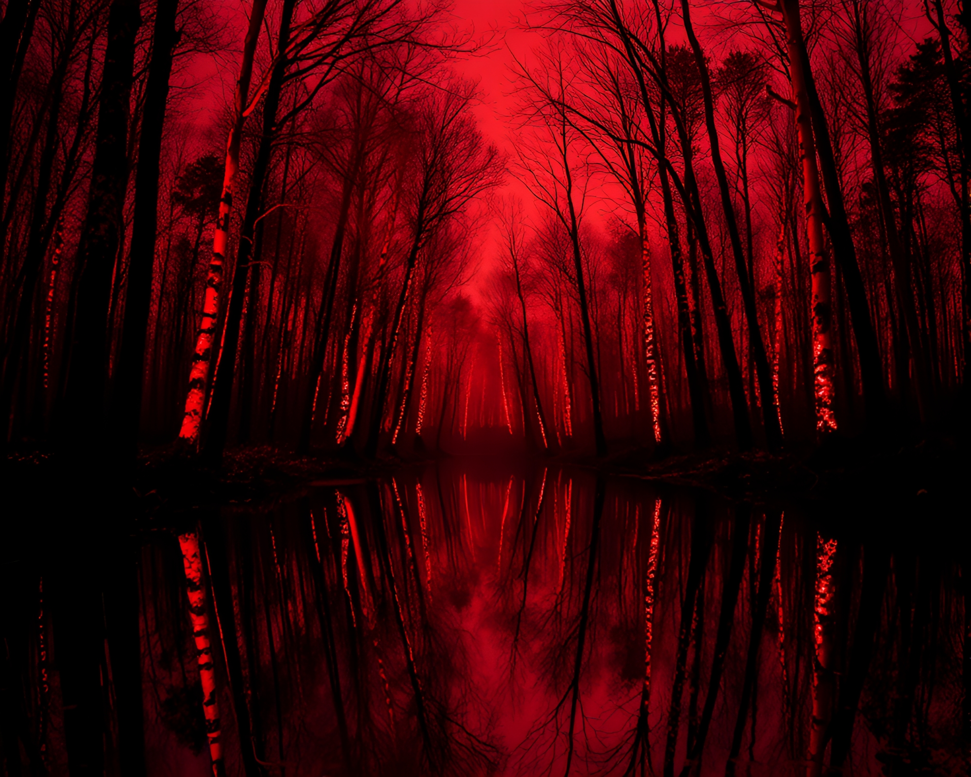 Bioluminescent Reflections: Monochrome Red Pop Art Forest – free AI stock image