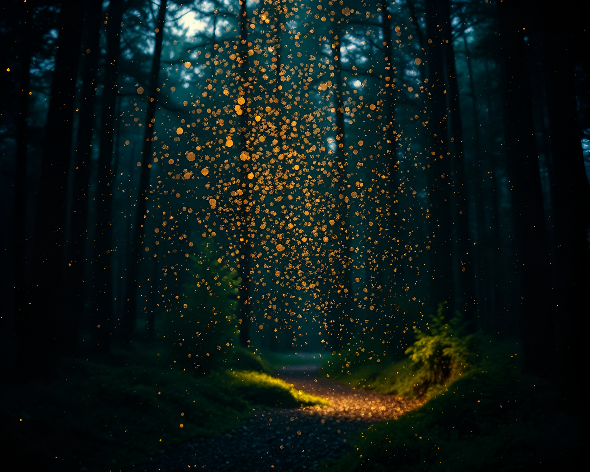 Enchanted Forest at Dusk with Glittering Stipple Effect – free AI stock image