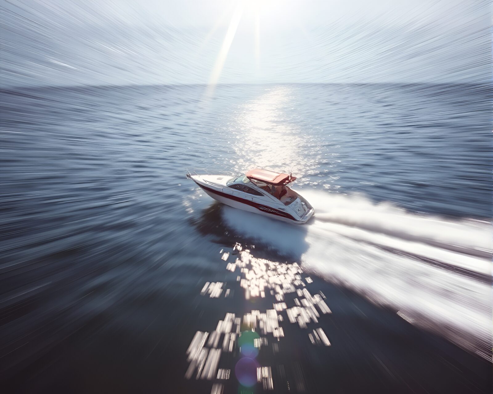High-speed hydrofoil boat with motion blur under sunlight