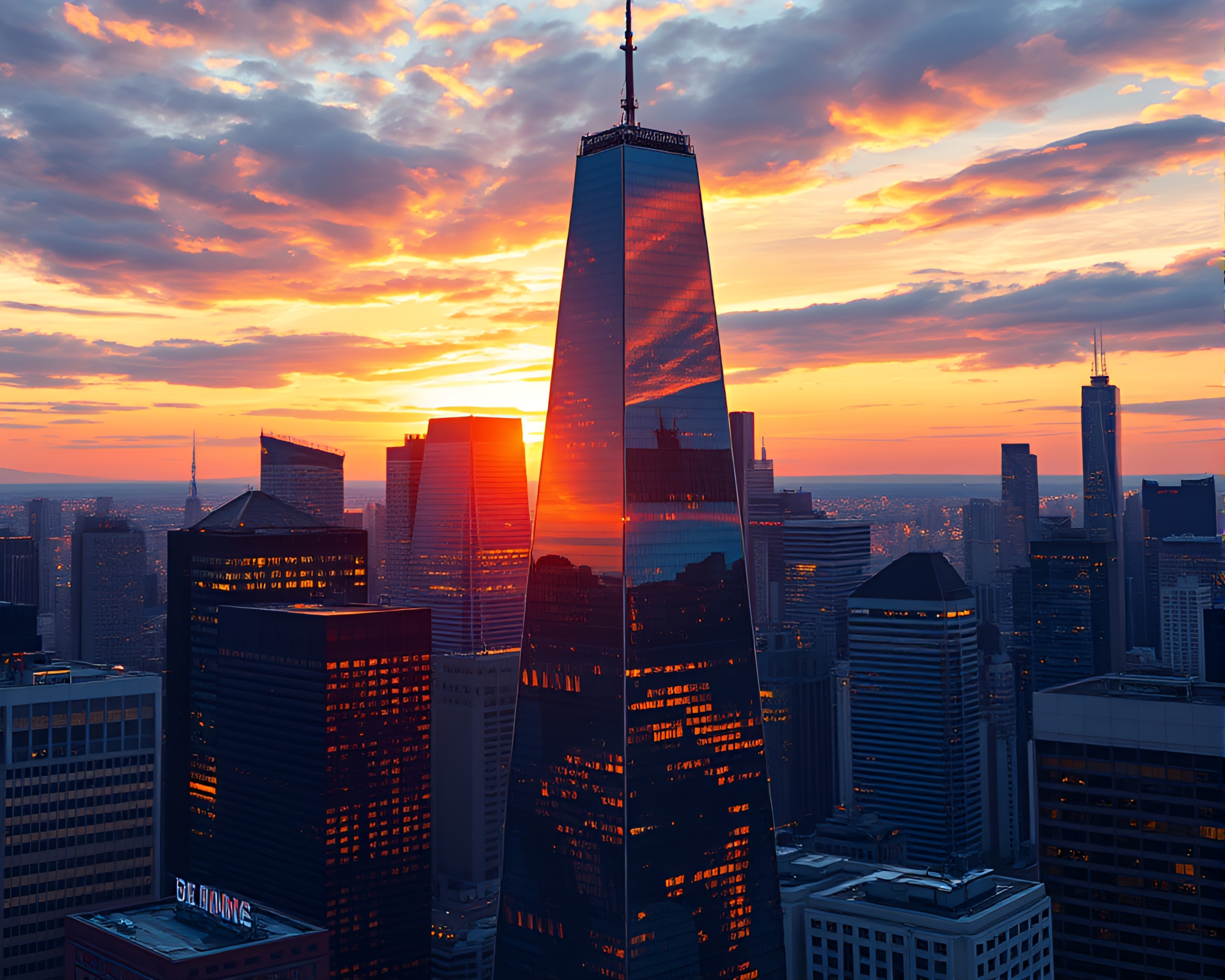 Skyscraper Reflection: Golden Hour Pointillism – free AI stock image