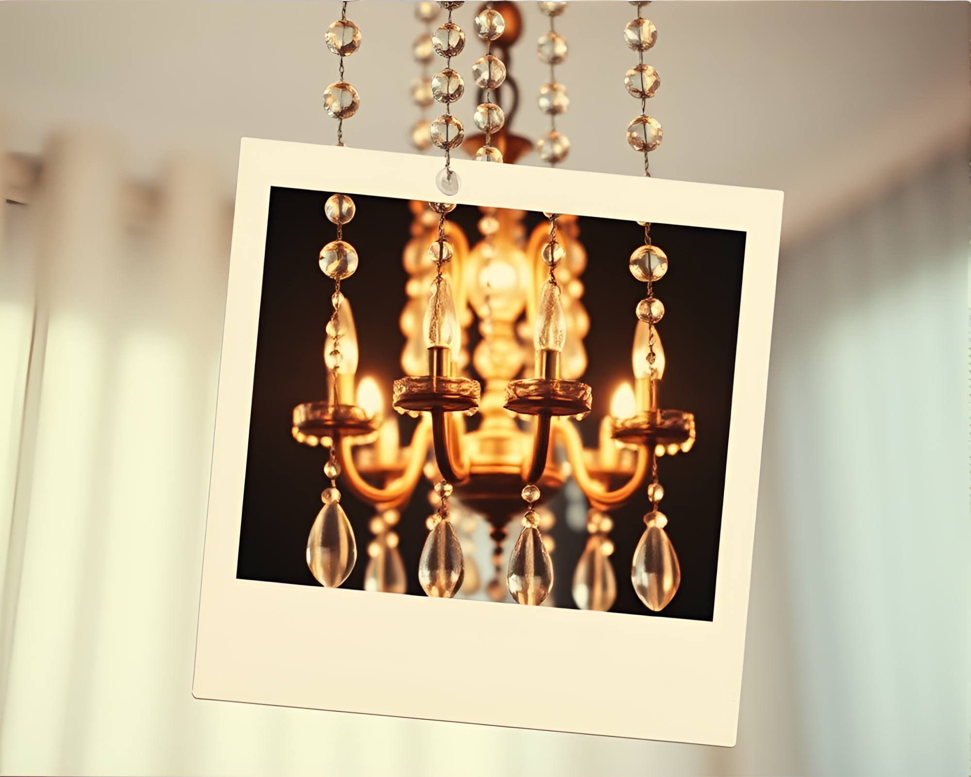 Ethereal Crystal Chandelier Glimmers Through Rain-Kissed Glass – free AI stock image