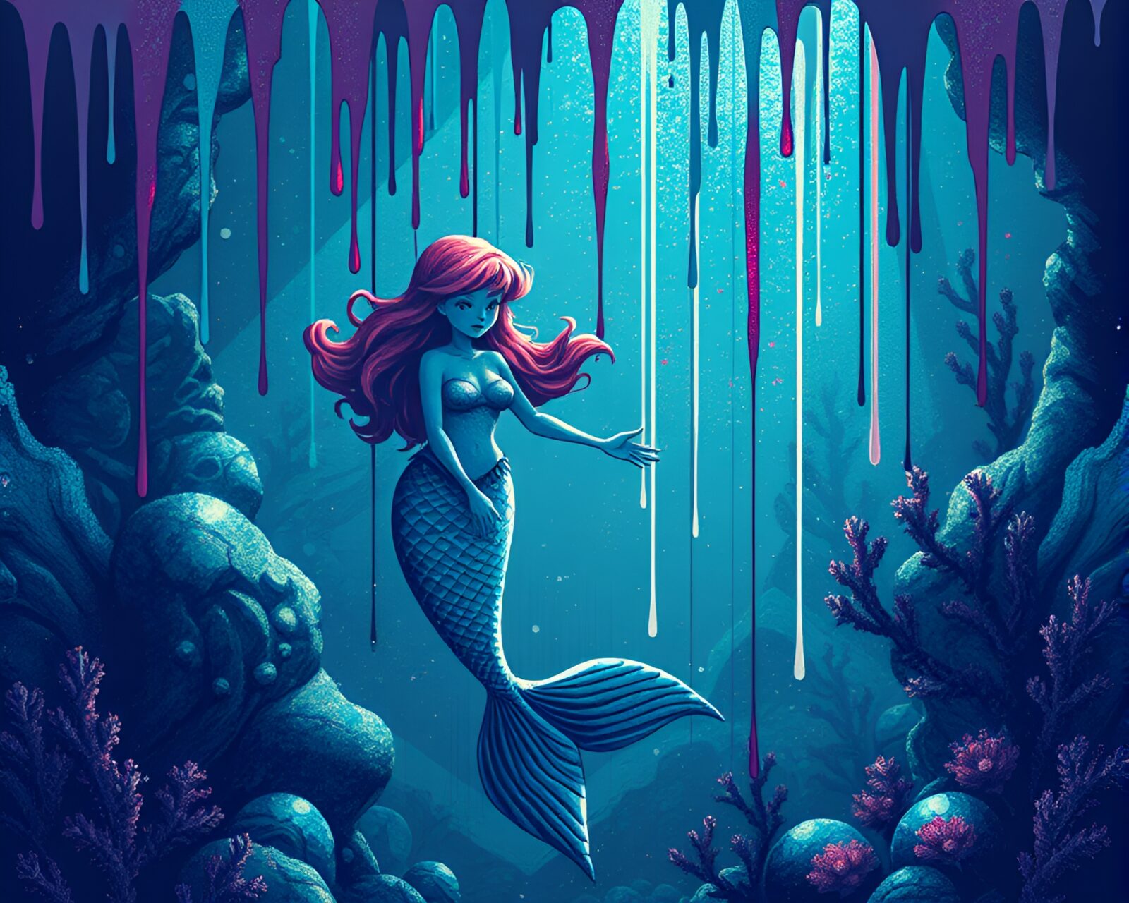 Colorful 8-bit mermaid swimming in spray paint ocean